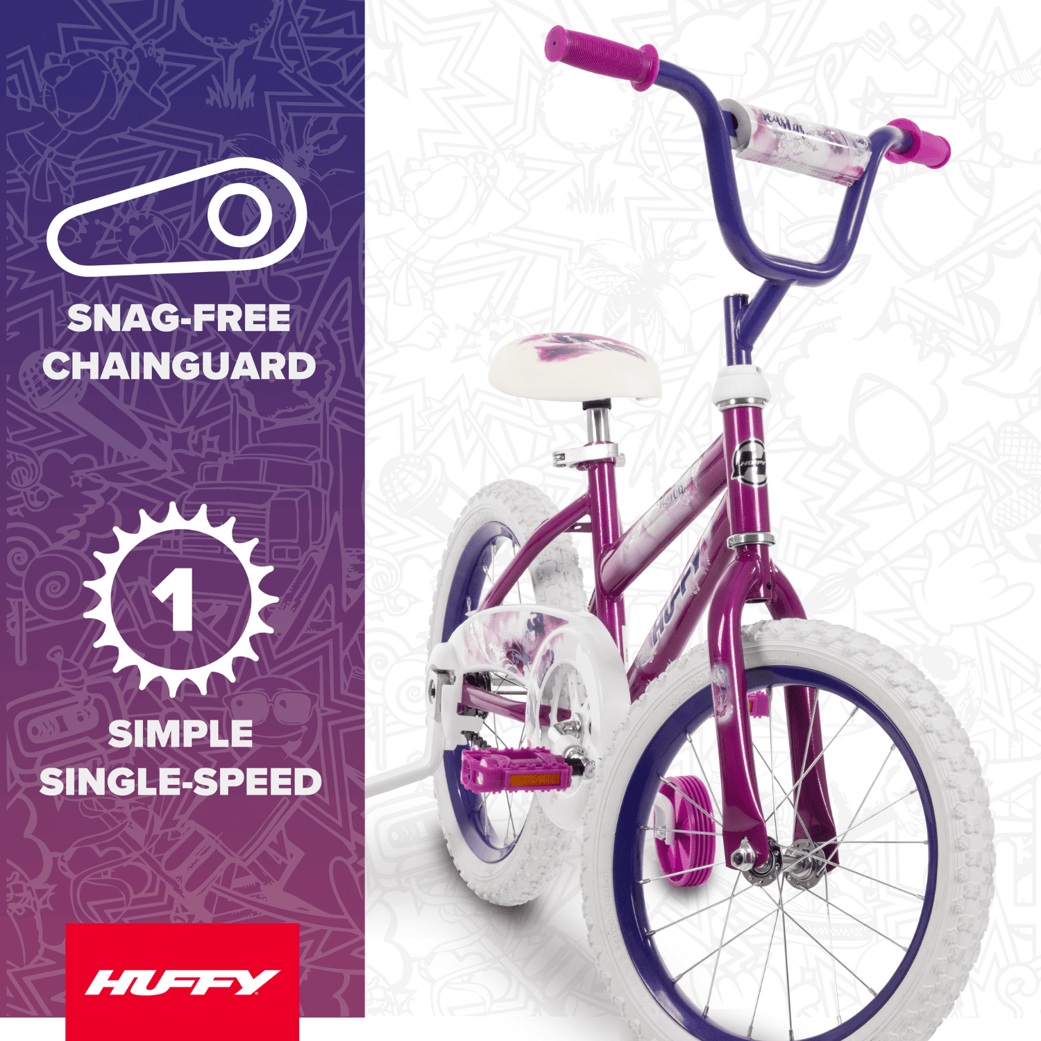Huffy Sea Star Kids Bike for Girls, Durable Steel Frame with Training Wheels (Purple, 16 in) iiwqg