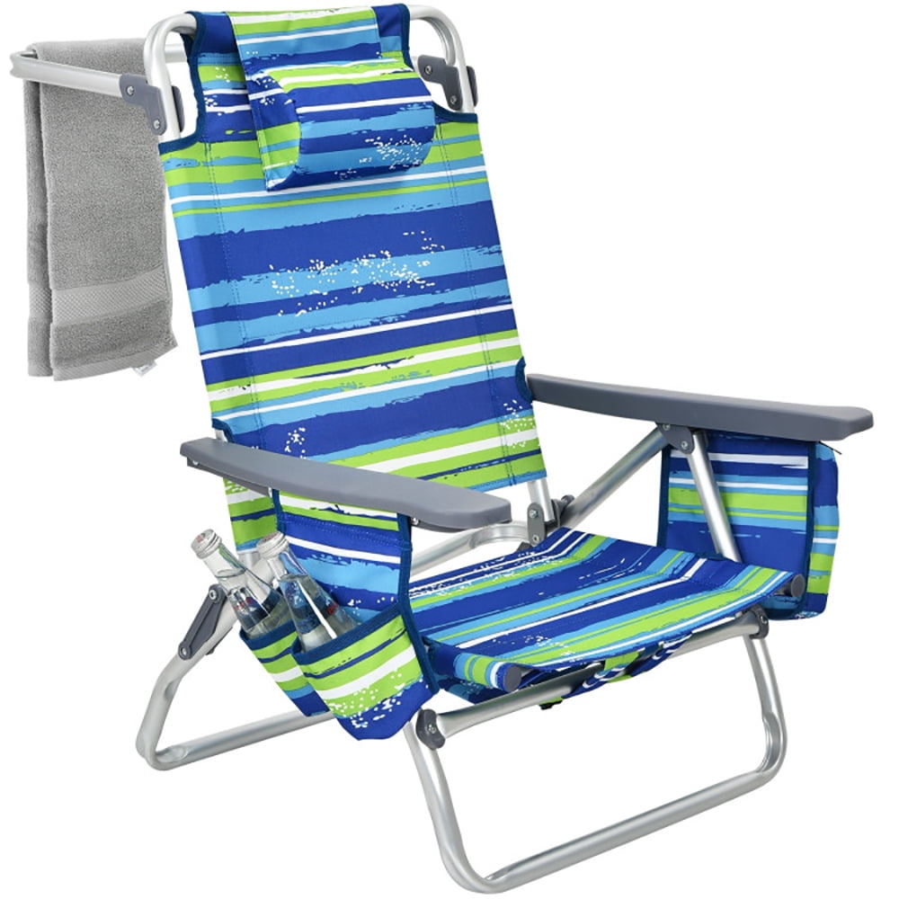 Demifill 2-Pack Folding Backpack Beach Chair, 5-Position Adjustable Reclining Outdoor Lawn Chair with Storage (Blue, 2-Pack) 7t15c