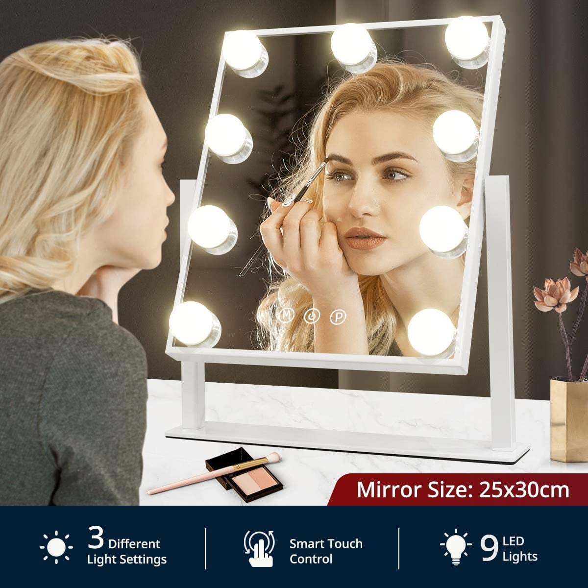 Fenchilin Vanity Makeup Mirror with Lights, 360 Degree Swivel Tabletop Mirror, Adjustable Brightness & 3 Color Modes (White, 12 in x 14 in) 0yz6e