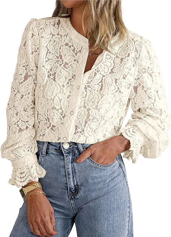 PRETTYGARDEN Women's Lace Blouse Long Sleeve Button Up Shirt Dressy Casual Top (Beige, L) ms9uy