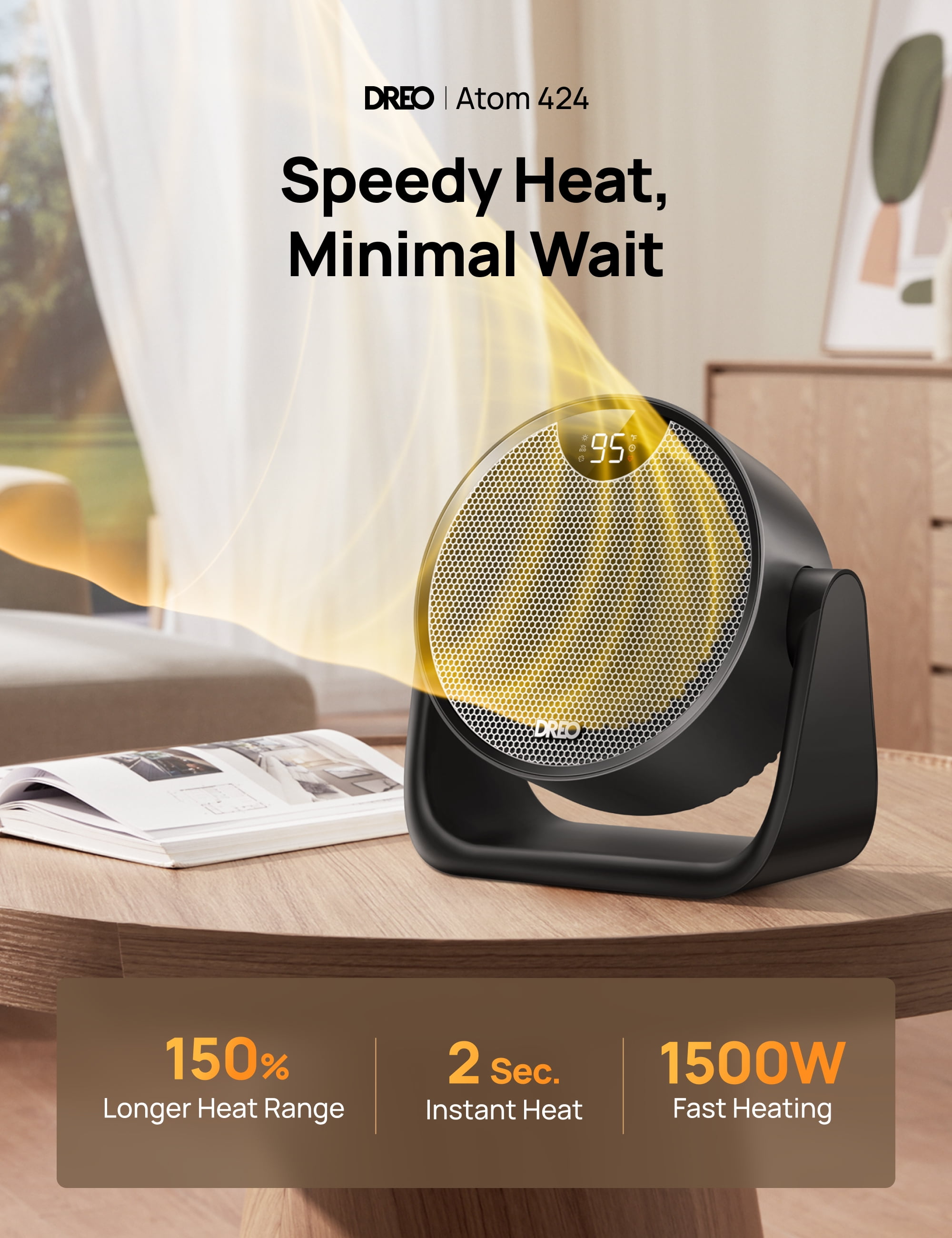 DREO Circular Space Heater, 1500W Portable Electric Heater with Remote, 60° Adjustable Tilt, ECO Mode, Whisper-Quiet (Black) unu9y
