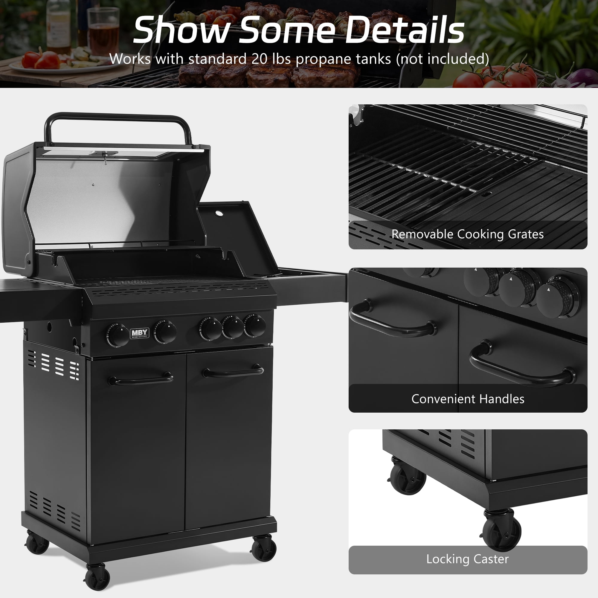 MAISON BACKYARDS 4-Burner Propane Gas Grill with Side Burner, 50,000 BTU Outdoor BBQ Grill with Cast Iron Grates and Griddle (Black, 480 sq. in.) b9ijy