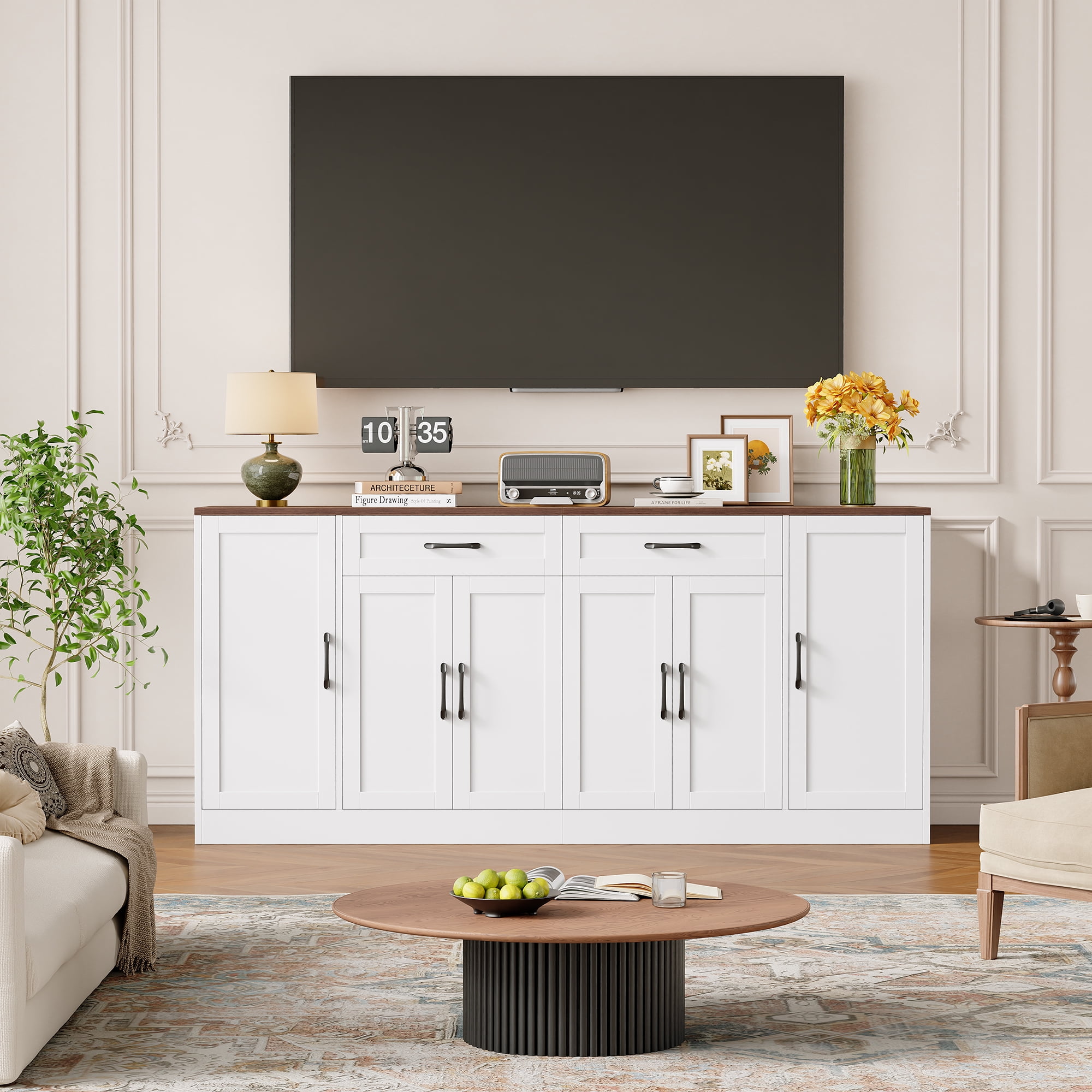Hiphuta Modern Farmhouse Buffet Cabinet, Sideboard with 6 Doors and 2 Drawers for Kitchen and Dining Room (White, 70.87 in W x 15.75 in D x 34.25 in H) j9ays