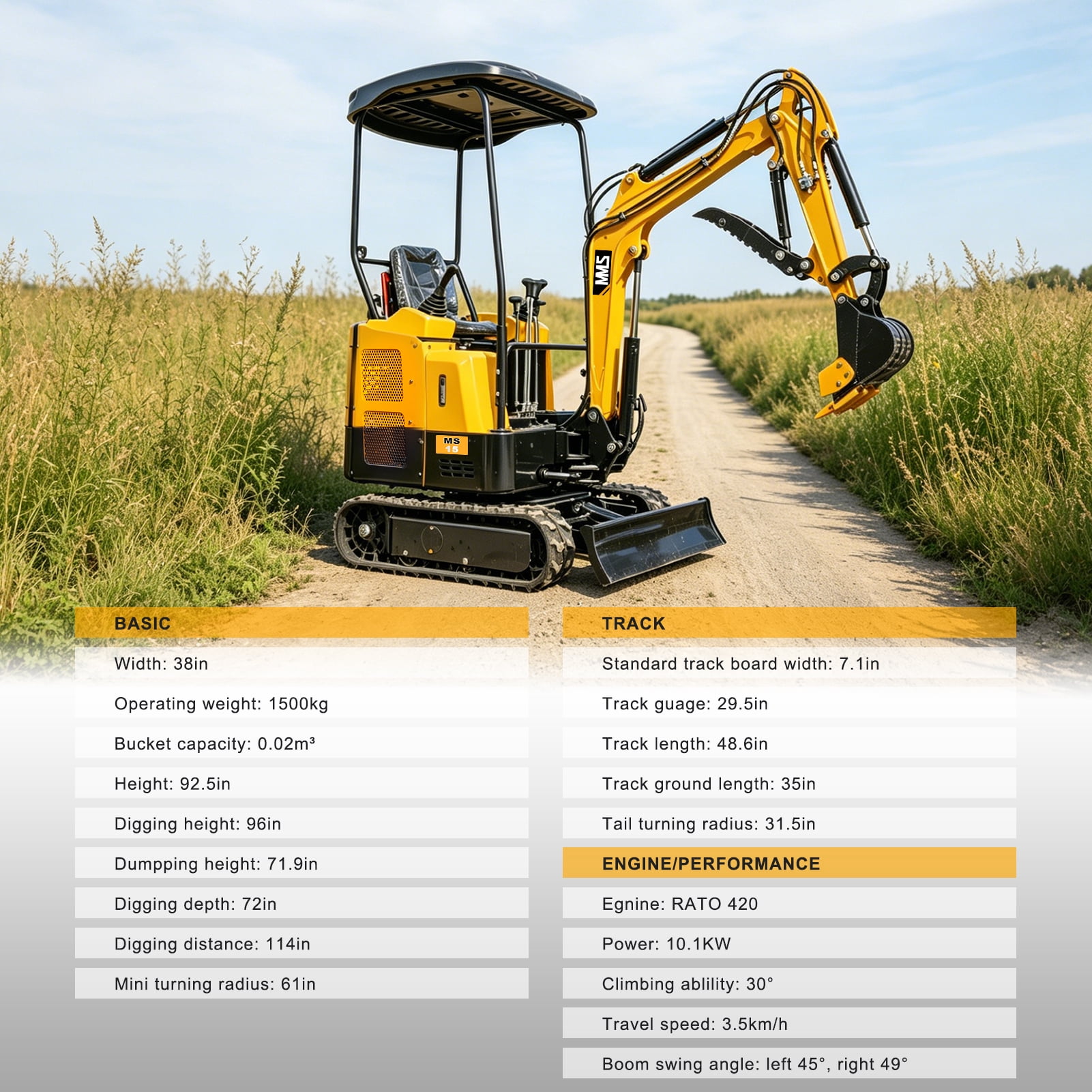 MMS 1.5 Ton Mini Excavator with Swing Boom and Pilot Control (Yellow, 13.5 HP) 3nc0f