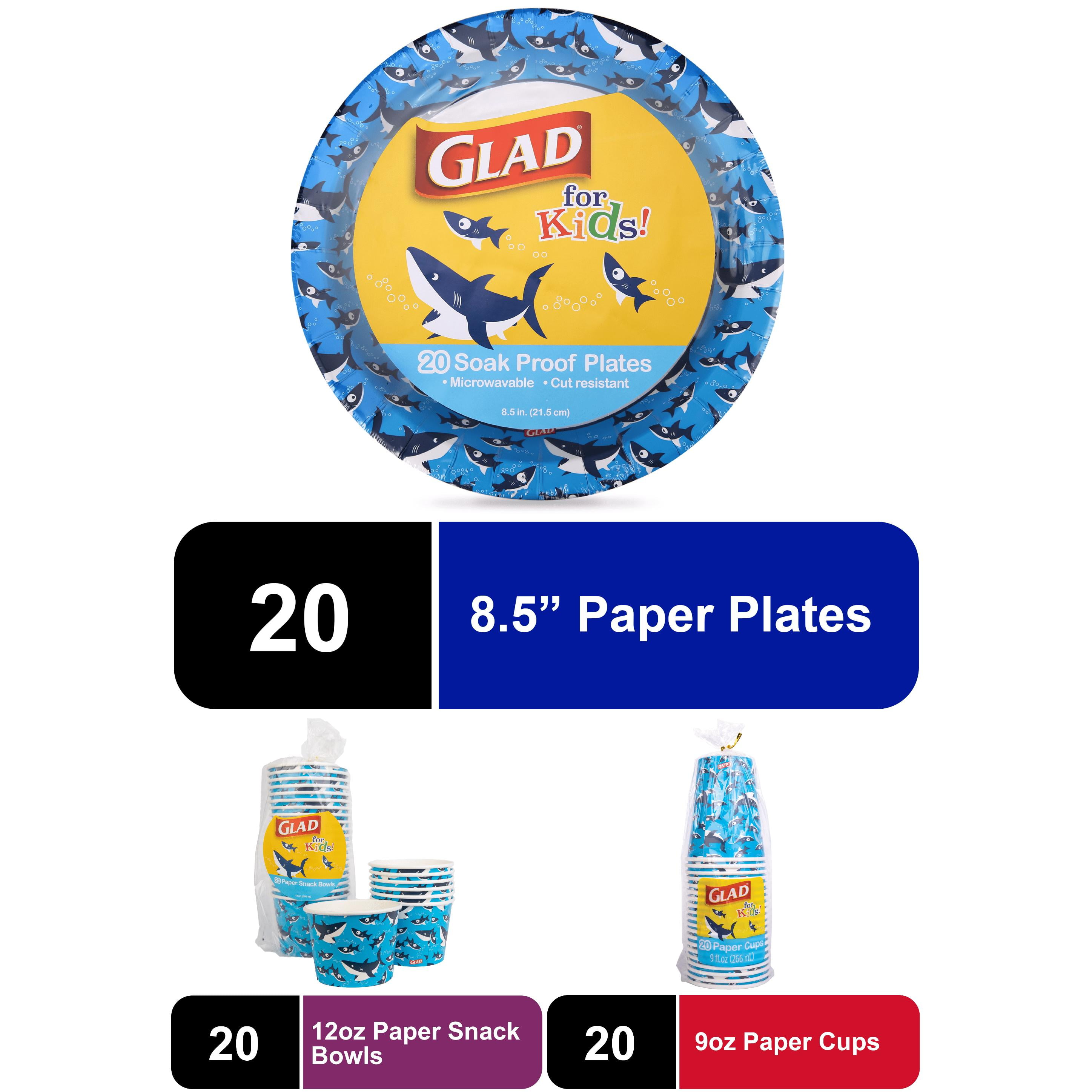 Glad Kids Sharks Disposable Party Supplies Set (20 Plates, 20 Cups, 20 Bowls) 12nut