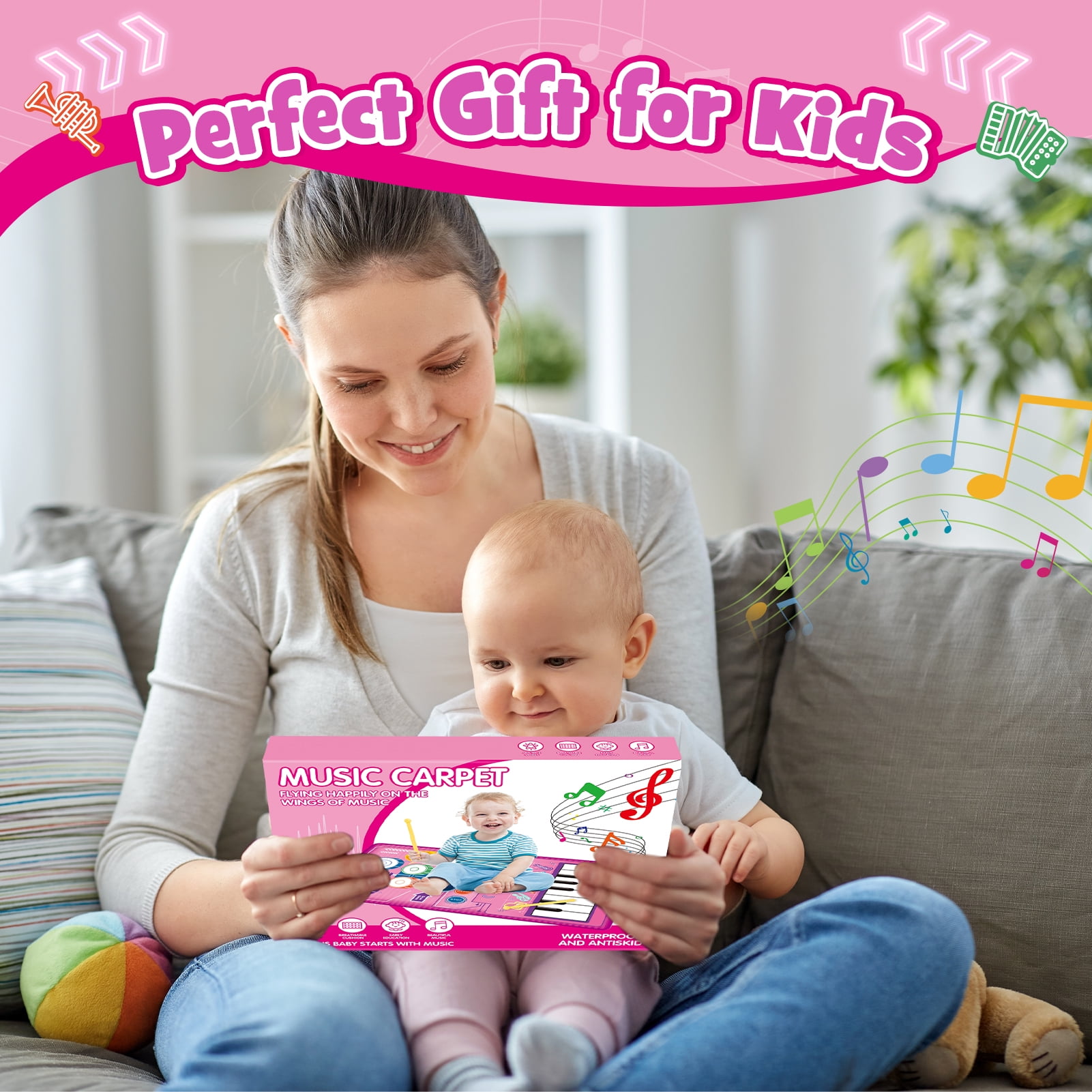 Dreamingbox Musical Piano Mat for Toddlers, Interactive Keyboard and Drum Floor Play Mat (Pink, 39 in x 14 in) kr23y