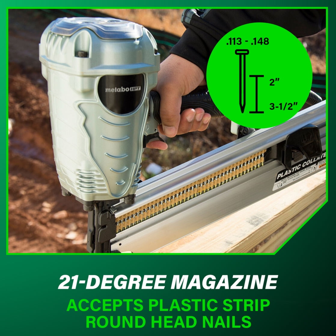 Metabo HPT Pneumatic Framing Nailer (21-Degree, 7.5 lb, 2 in to 3.5 in Fastener Capacity) 3e7mv