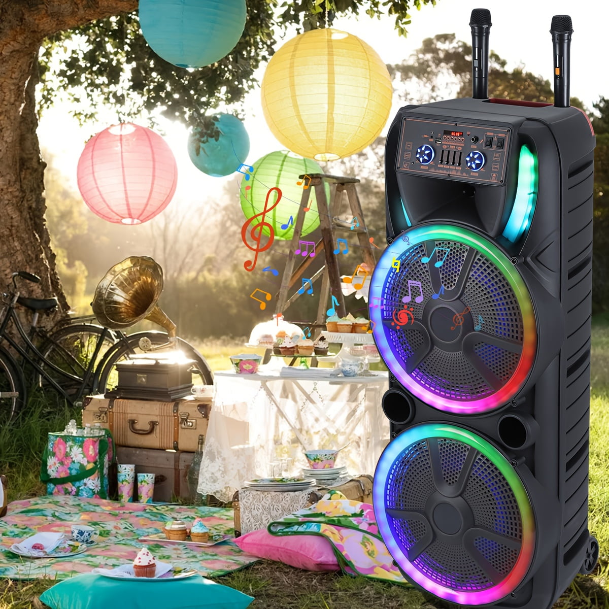 Lohoms Dual 15 in Karaoke Speaker System with 2 Wireless Microphones, Portable Bluetooth Party Box with LED Lighting (Black, 15 in) 3blbz