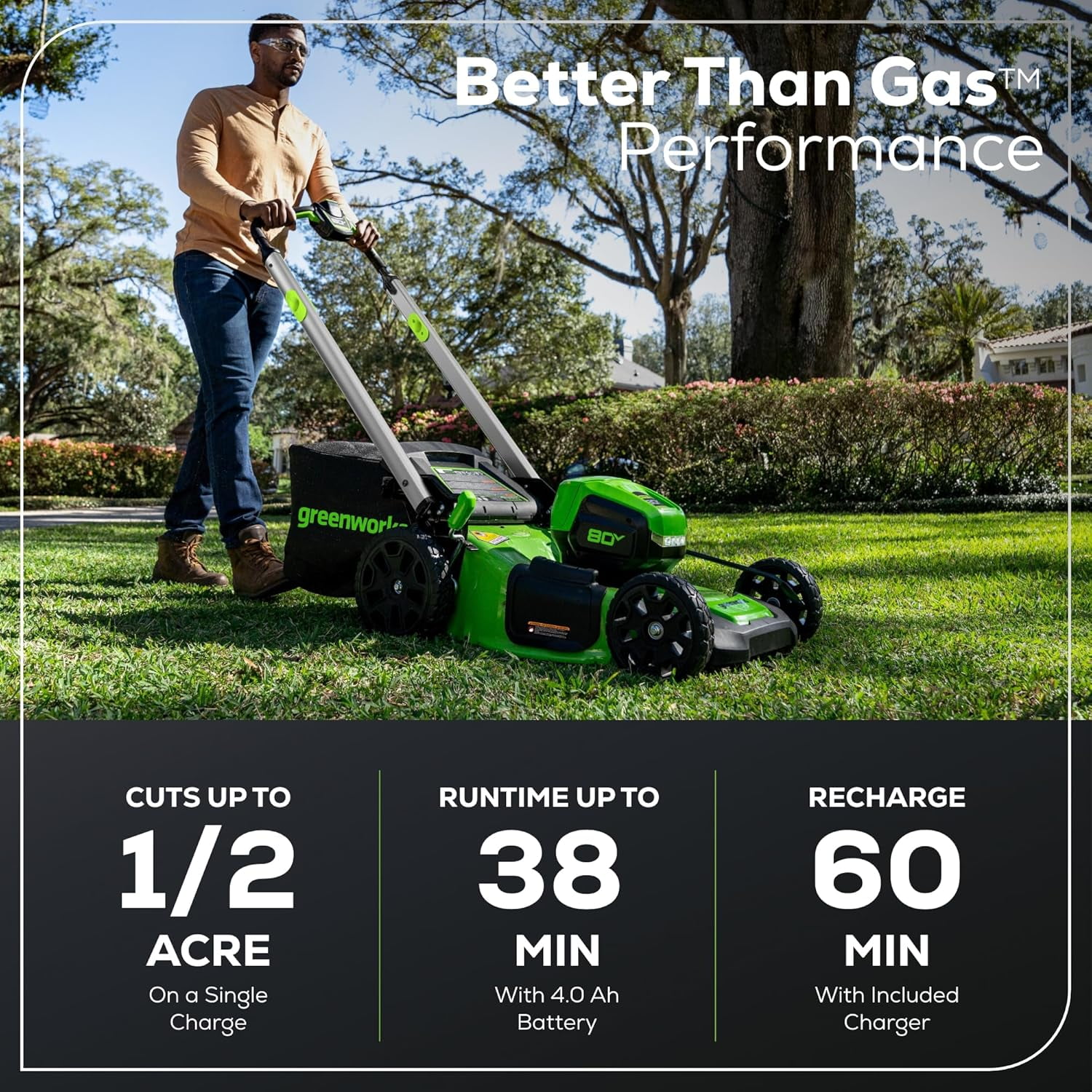 Greenworks 80V 21 in Brushless Cordless Push Lawn Mower (LED Headlight, Aluminum Handles, 4.0Ah Battery and Charger Included) gi7bb