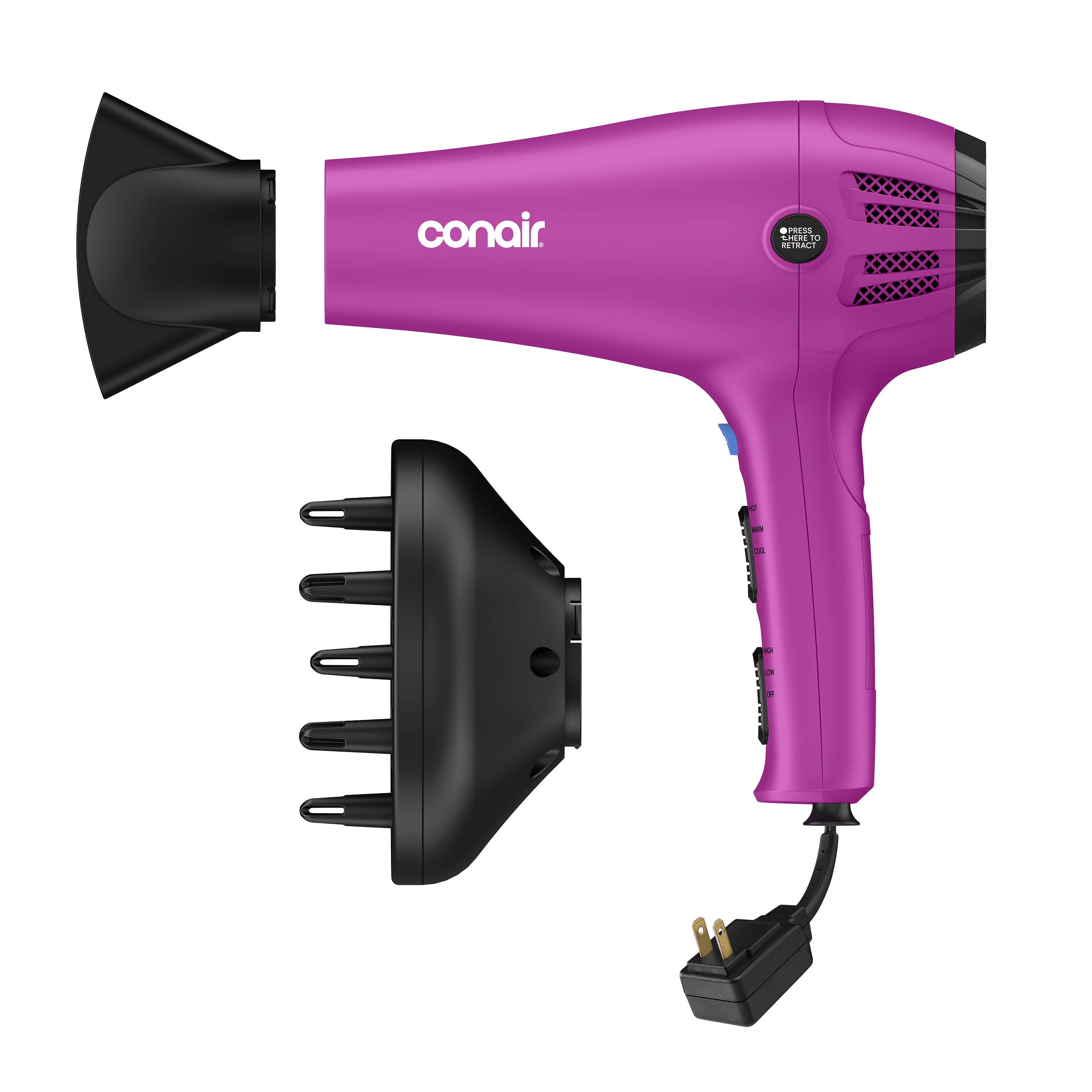 Conair Ionic Ceramic Cord-Keeper Hair Dryer with Retractable Cord, Diffuser and Concentrator (Pink, 1 Unit) 0gz0s