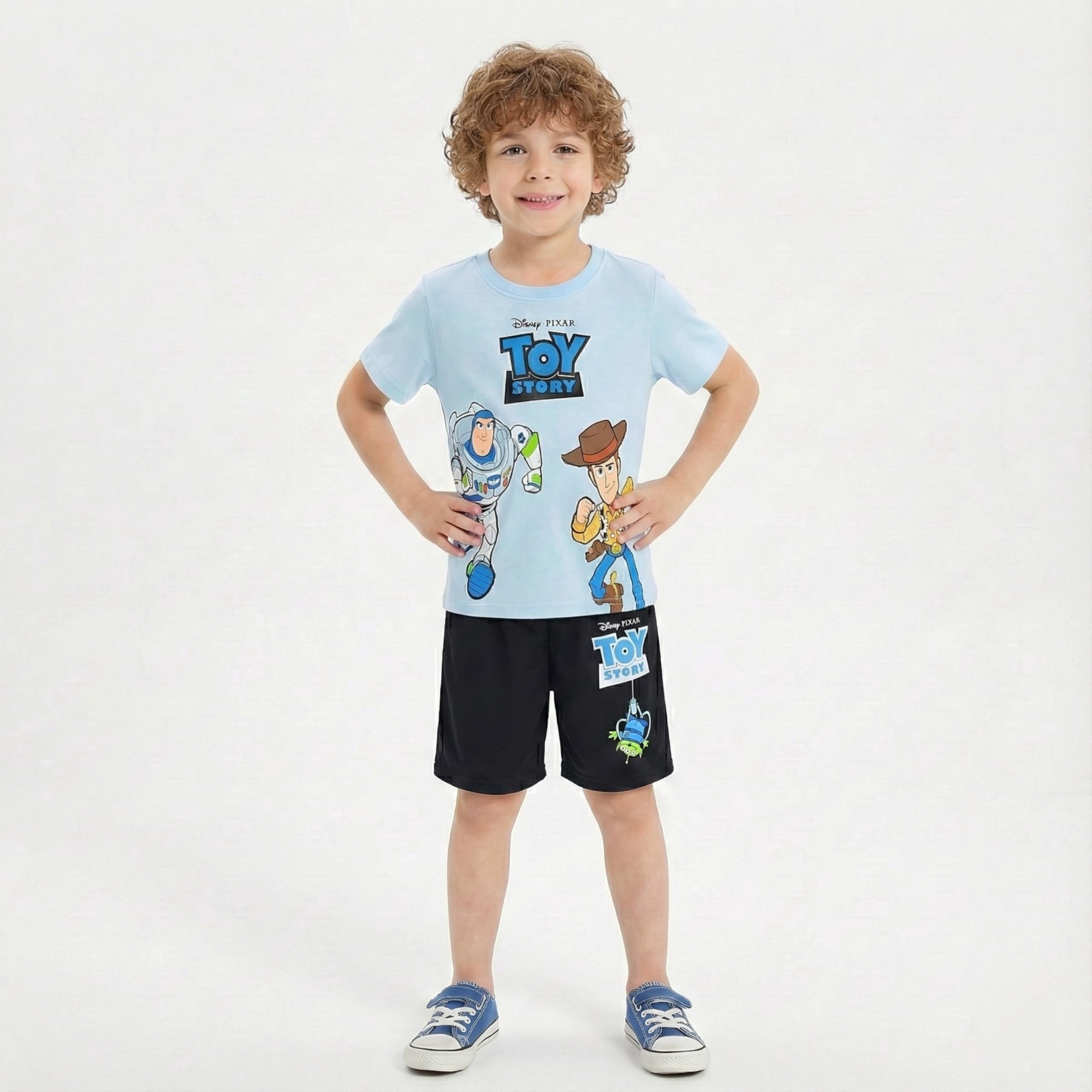 Disney Toy Story Woody and Buzz Lightyear Short Sleeve T-Shirt and Shorts Outfit Set (Blue, 2T-7) b4to3