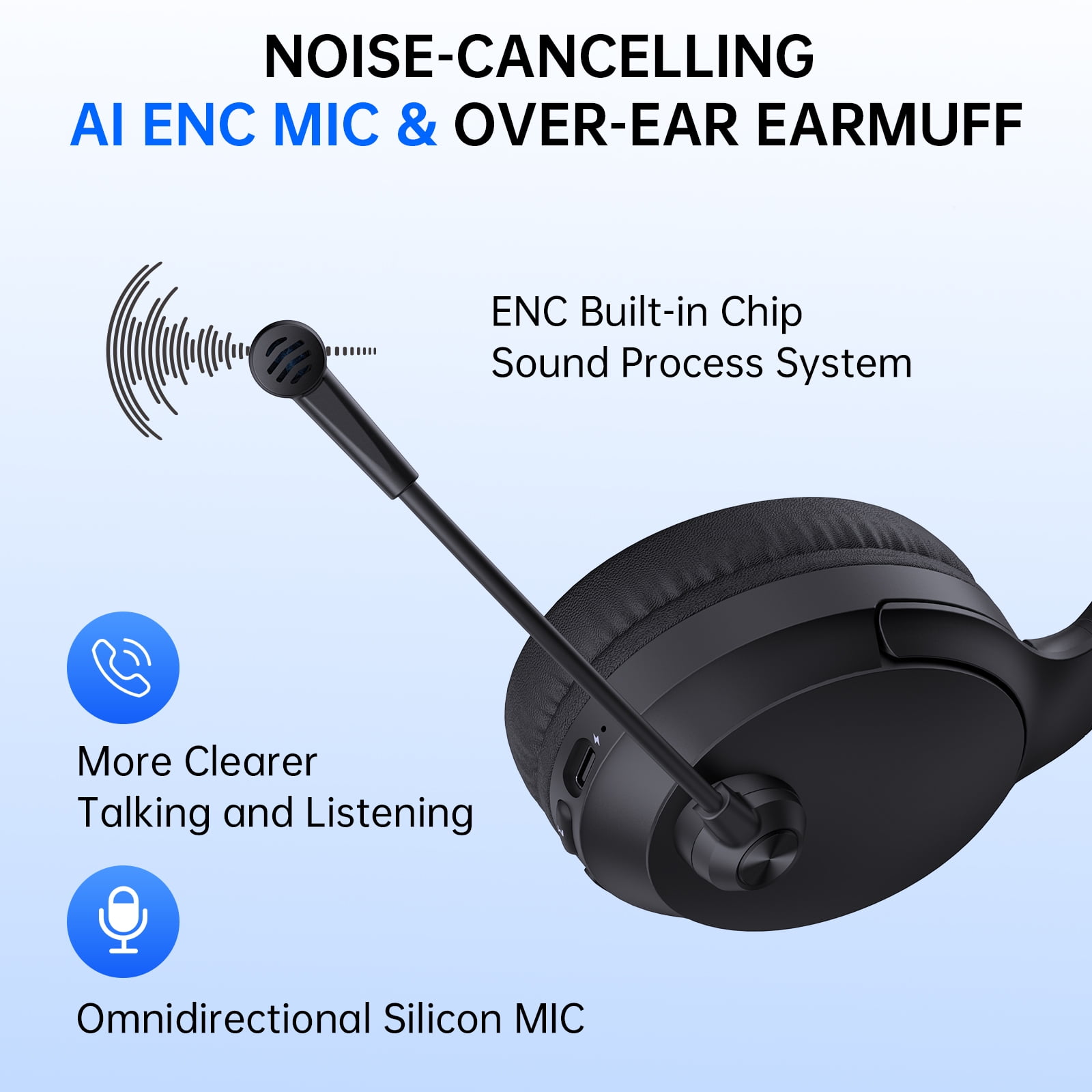 AYEDLOE Wireless Headset with AI Noise Cancelling Microphone for Work (Black, 1 Pack) qtdoa