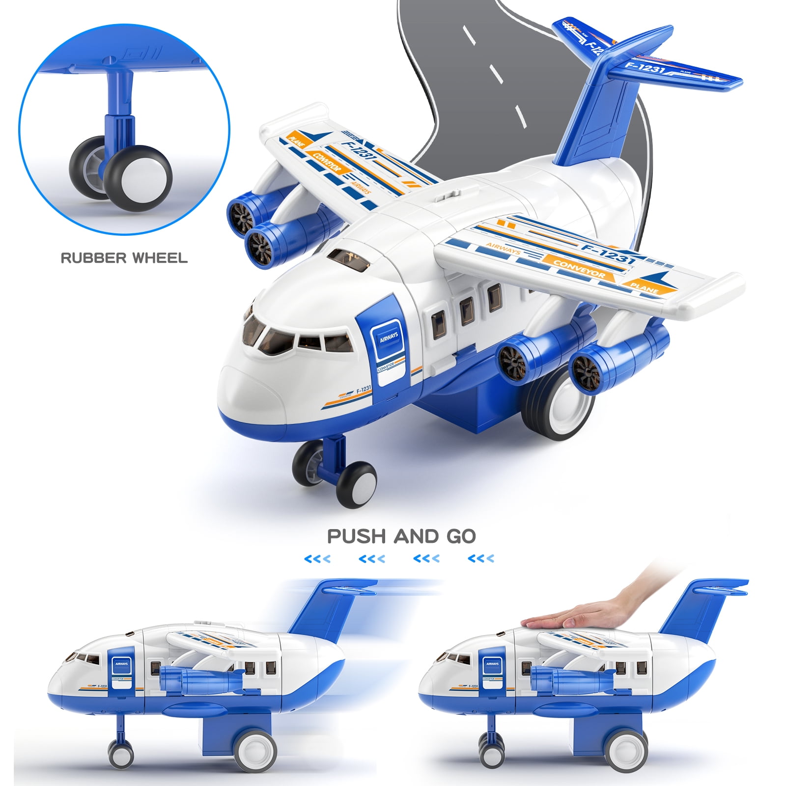Lucky Doug Airplane Toy Set with Track and 8 Mini Cars (Blue, 1 Set) 3z9s0