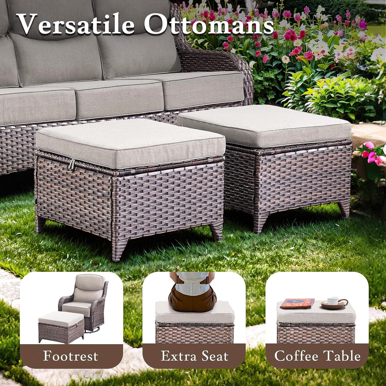 Bellefurn 7-Piece Patio Furniture Set with Fire Pit Table, Swivel Rockers, Sofa, and Ottomans (Brown, 7-Piece Set) hvj5c