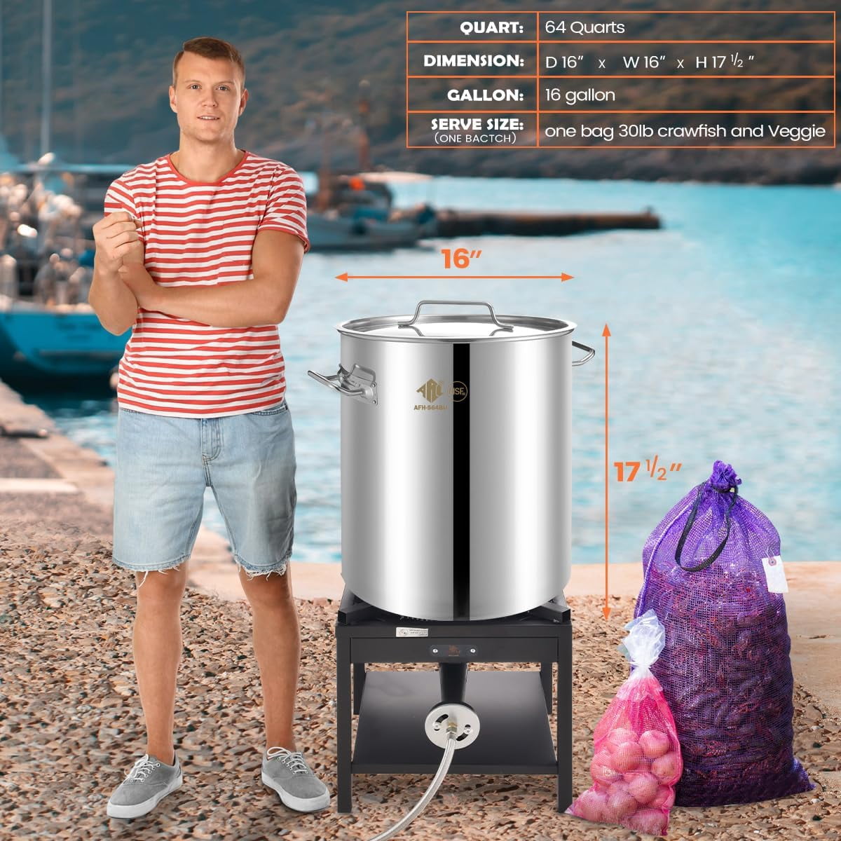 ARC USA 64QT Stainless Steel Seafood Boil Pot and 200,000BTU Propane Burner Set (Silver, 64QT) metw4
