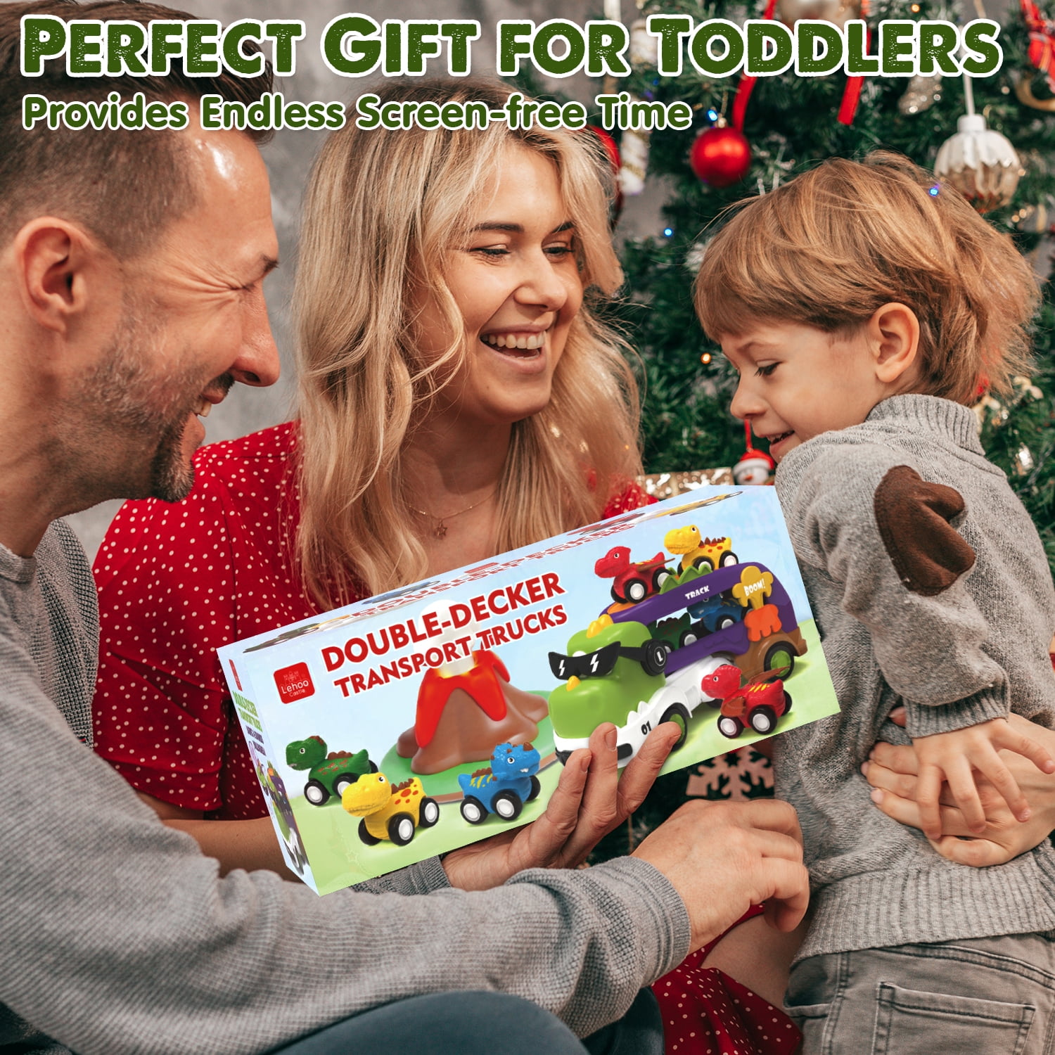 KWANITHINK Dinosaur Carrier Truck Toy Set with Lights and Sounds, Pull Back Mini Cars for Toddlers (Green, 12.38 in x 4.72 in x 5.31 in) fv1xm