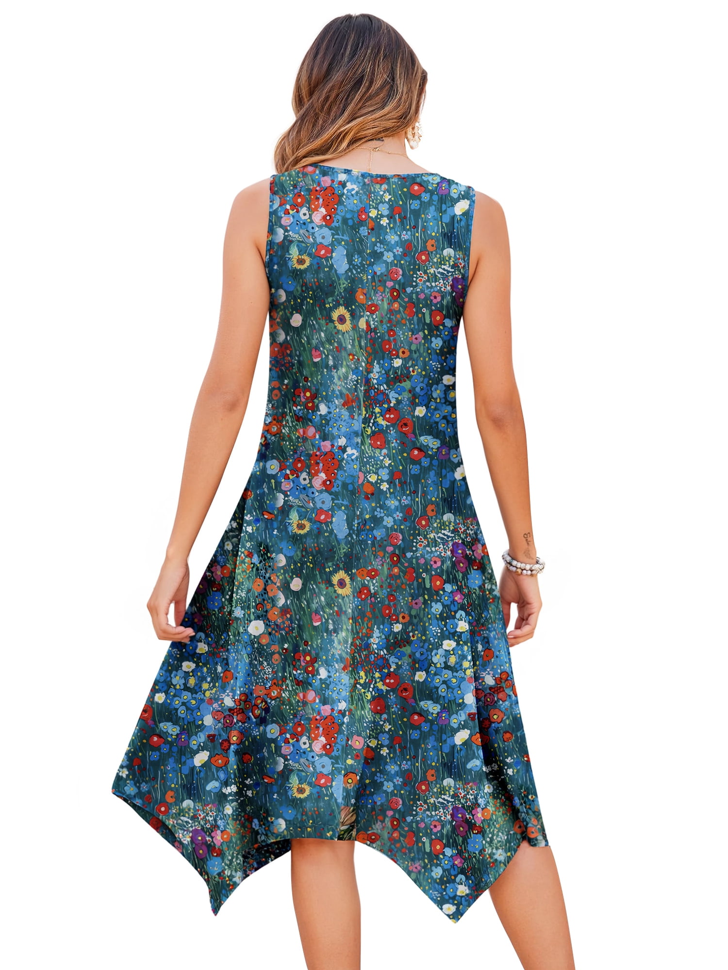 Fantaslook Floral Tank Dress for Women Sleeveless Asymmetrical Hem Sundress with Pockets (Blue, L) myn9q
