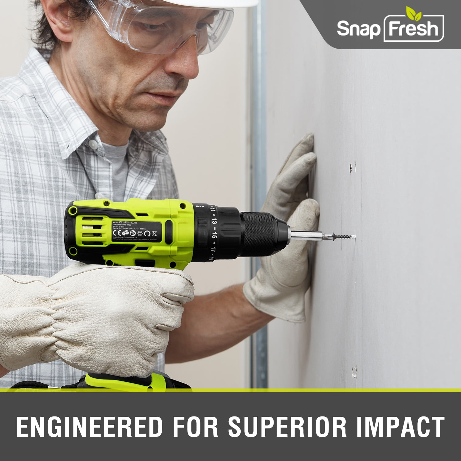 SnapFresh 20V Cordless Hammer Drill Set with 1/2-inch Metal Chuck, 445 In-Lbs Torque, 21+1 Settings (Green, 2.0Ah Battery) ob9rm