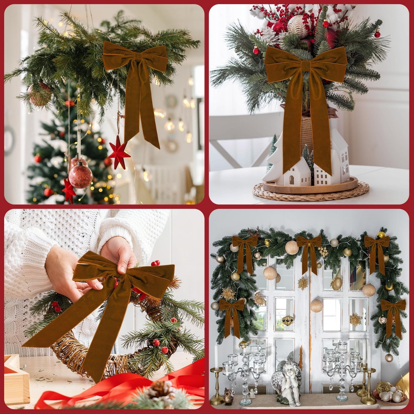 Hzgobj Velvet Christmas Tree Bow Decorations, Luxurious Ribbon Ornaments for Wreaths and Gift Wrapping (Brown, 12-Pack) vnmpd