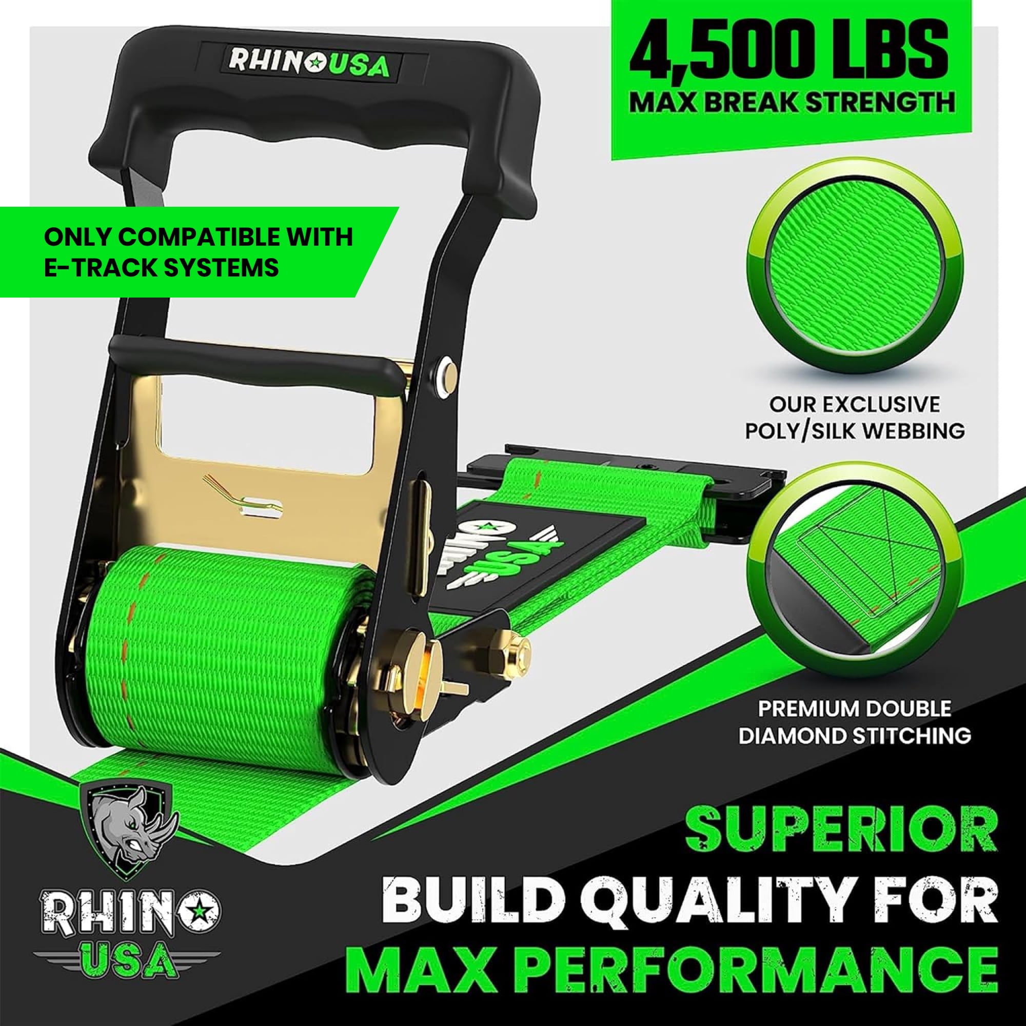 Rhino USA E-Track Ratchet Tie Down Straps, Heavy-Duty Cargo Securement System (Green, 2 in x 16 ft, 2 Pack) l43pv