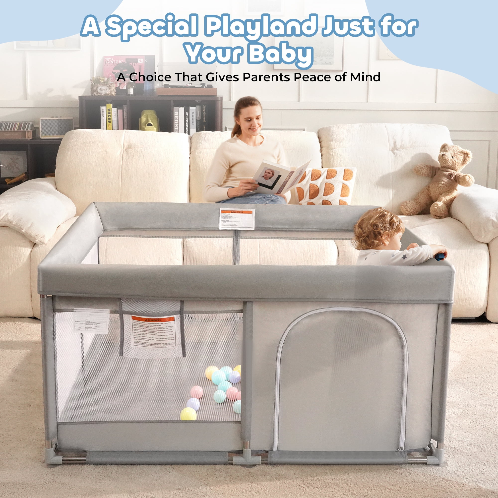 Babyeap Baby Playpen Large Safety Play Yard for Toddlers (Gray, 50 in x 50 in x 27 in) c4wje