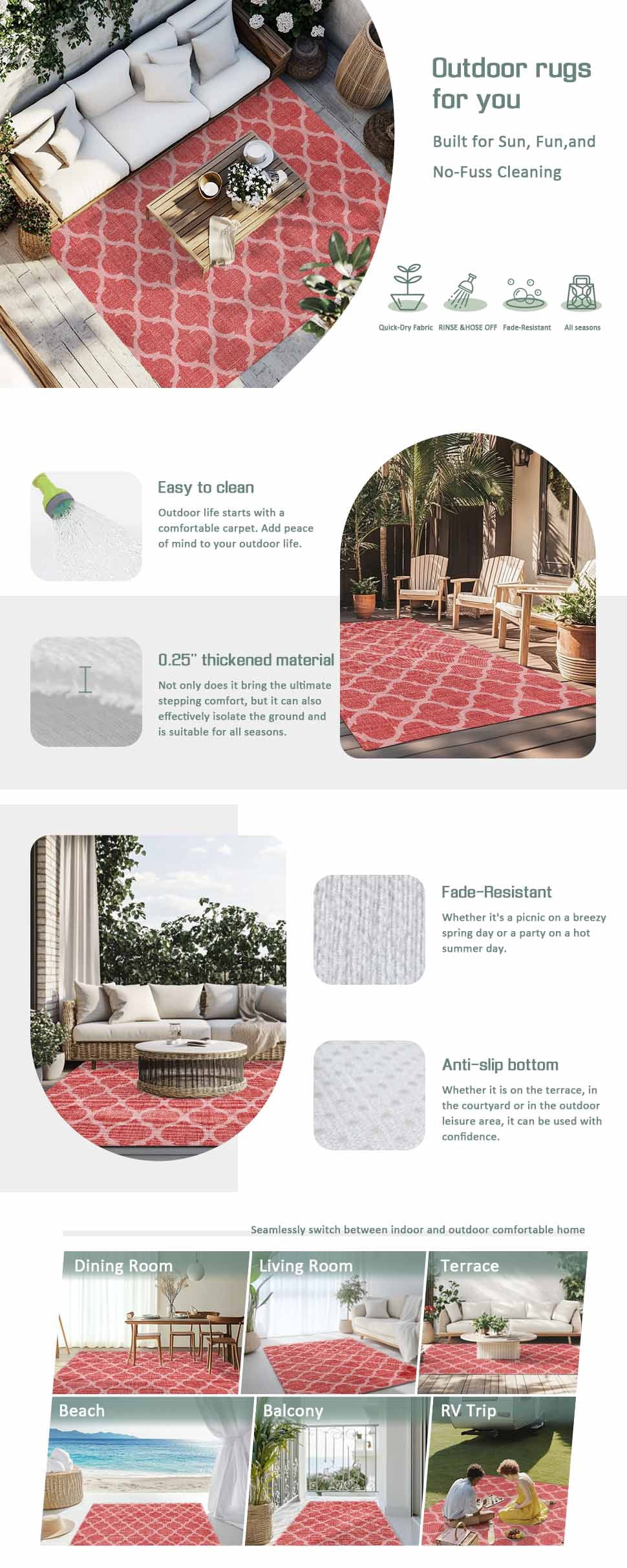 Xipuska Moroccan Outdoor Rug, Reversible Geometric Patio Area Rug, Non-Slip Washable Carpet for Deck and Porch (Red, 4 ft x 6 ft) mtu4g