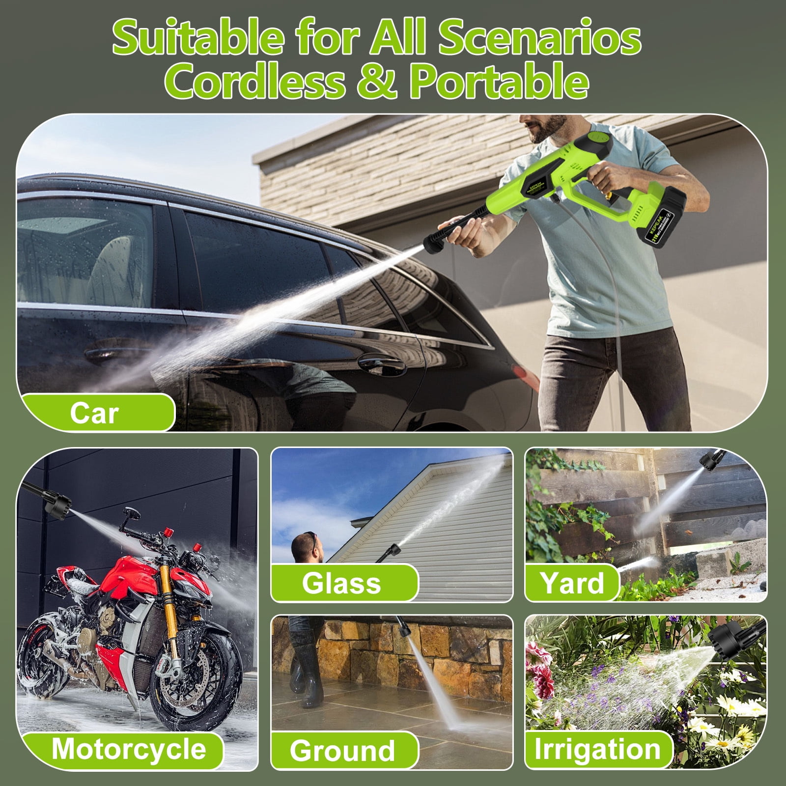 DFITO Cordless Pressure Washer 1450 PSI, Portable Power Cleaner with 6-in-1 Adjustable Nozzle (21V, 2 Batteries) y9a5s