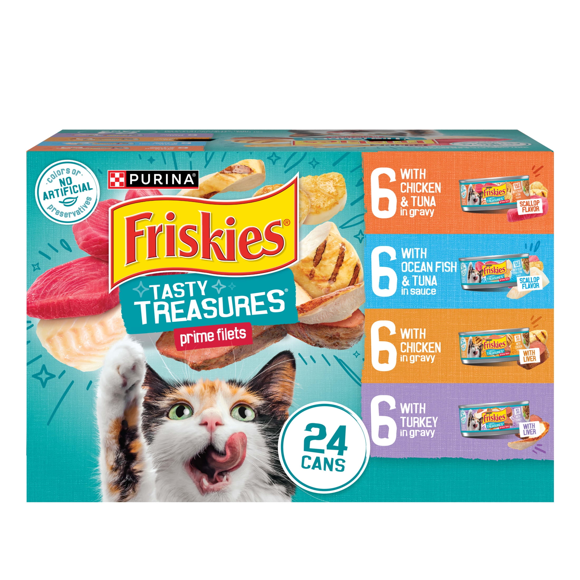 Friskies Wet Cat Food Variety Pack, Tasty Treasures Prime Filets (Multi-Flavor, 24 Count, 5.5 oz) q1skh