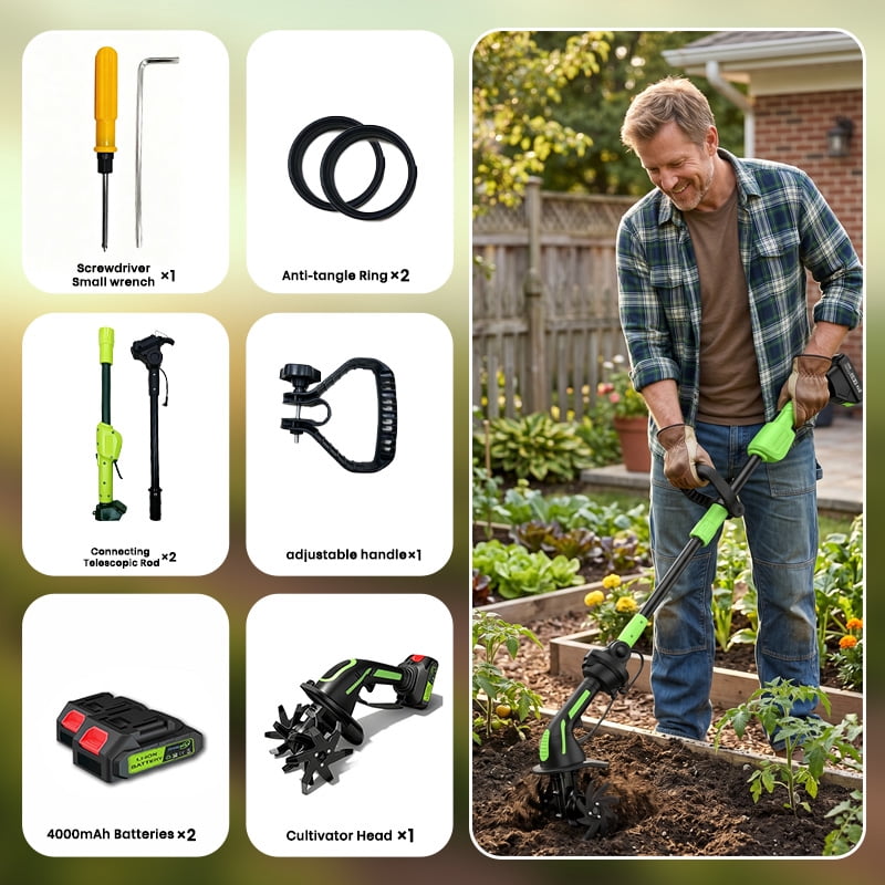 iToolMax 24V Cordless Electric Tiller Cultivator, Lightweight Garden Soil Tiller with Extension Rod, 2 Batteries & Charger (4 in Width, 51 in Length) pt2v9