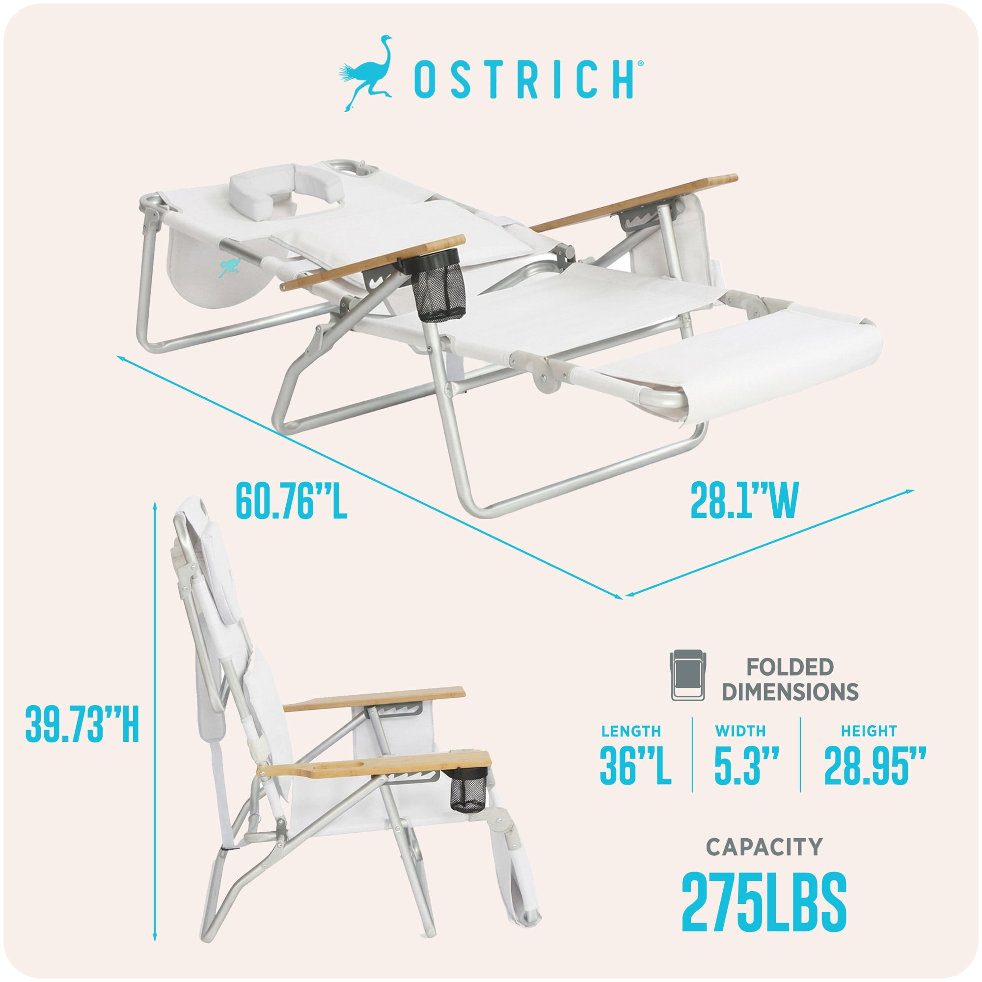 Ostrich Deluxe 3N1 Lightweight Outdoor Beach Lounge Chair with Footrest (White, 60.76 in x 28.10 in x 39.73 in) gu2iy
