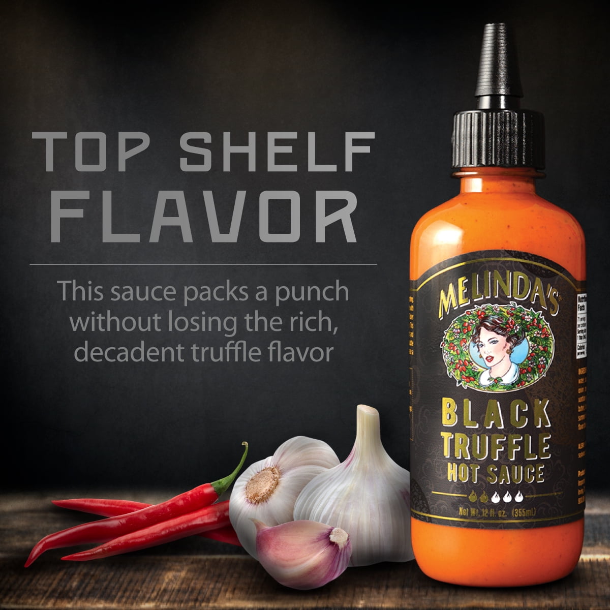 Melinda's Black Truffle Hot Sauce, Gourmet Condiment for Wings and Pasta (Black, 12 oz) y6zbk