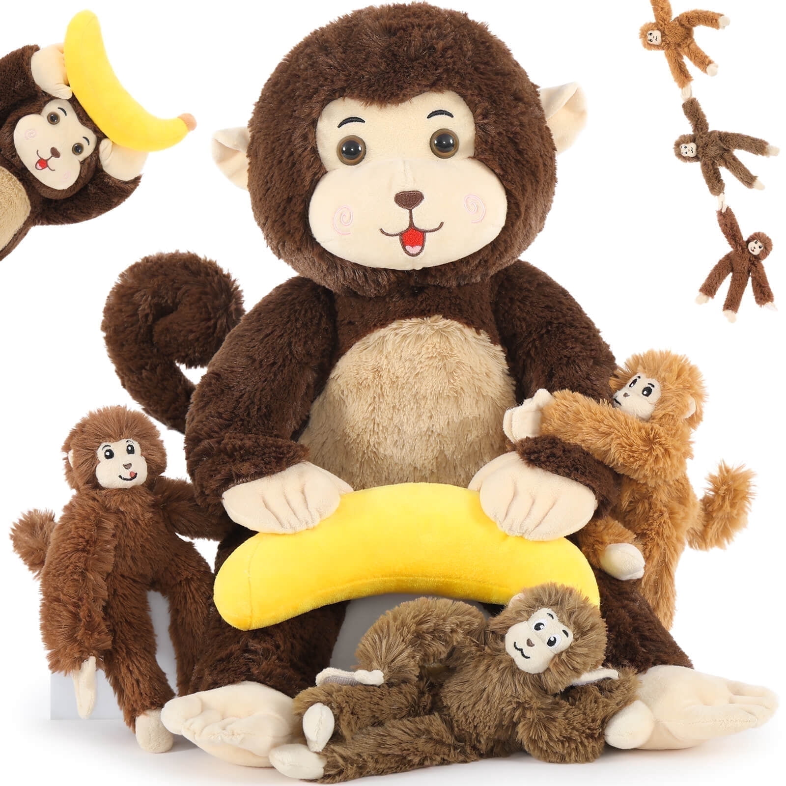 MaoGoLan Monkey Mommy Stuffed Animal Set with 3 Baby Monkeys and 1 Banana Plush Toy (Brown, 25.6 in) lcchm