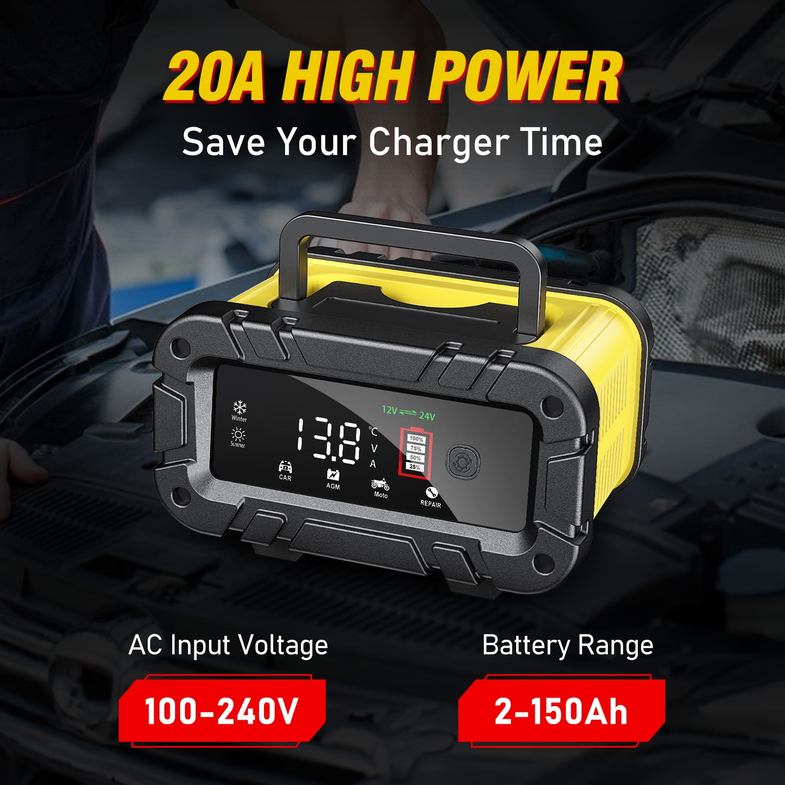 HUSGW Smart Car Battery Charger, Fully-Automatic 12V 20A and 24V 10A Dual Voltage Power Supply for Lead-Acid and LiFePO4 Batteries (Yellow) 09uza