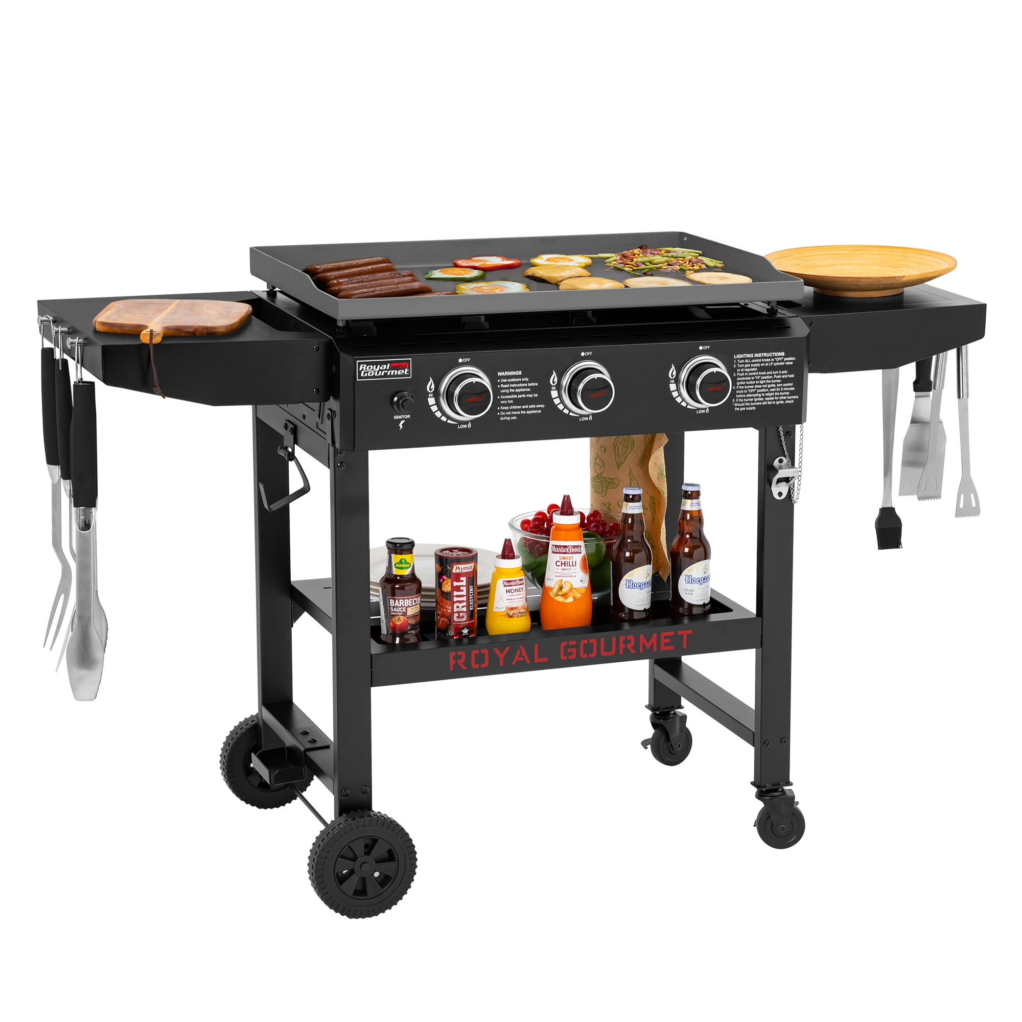 Royal Gourmet GB3000H 3-Burner Gas Griddle with Collapsible Side Shelves (Black, 28 in) 17207
