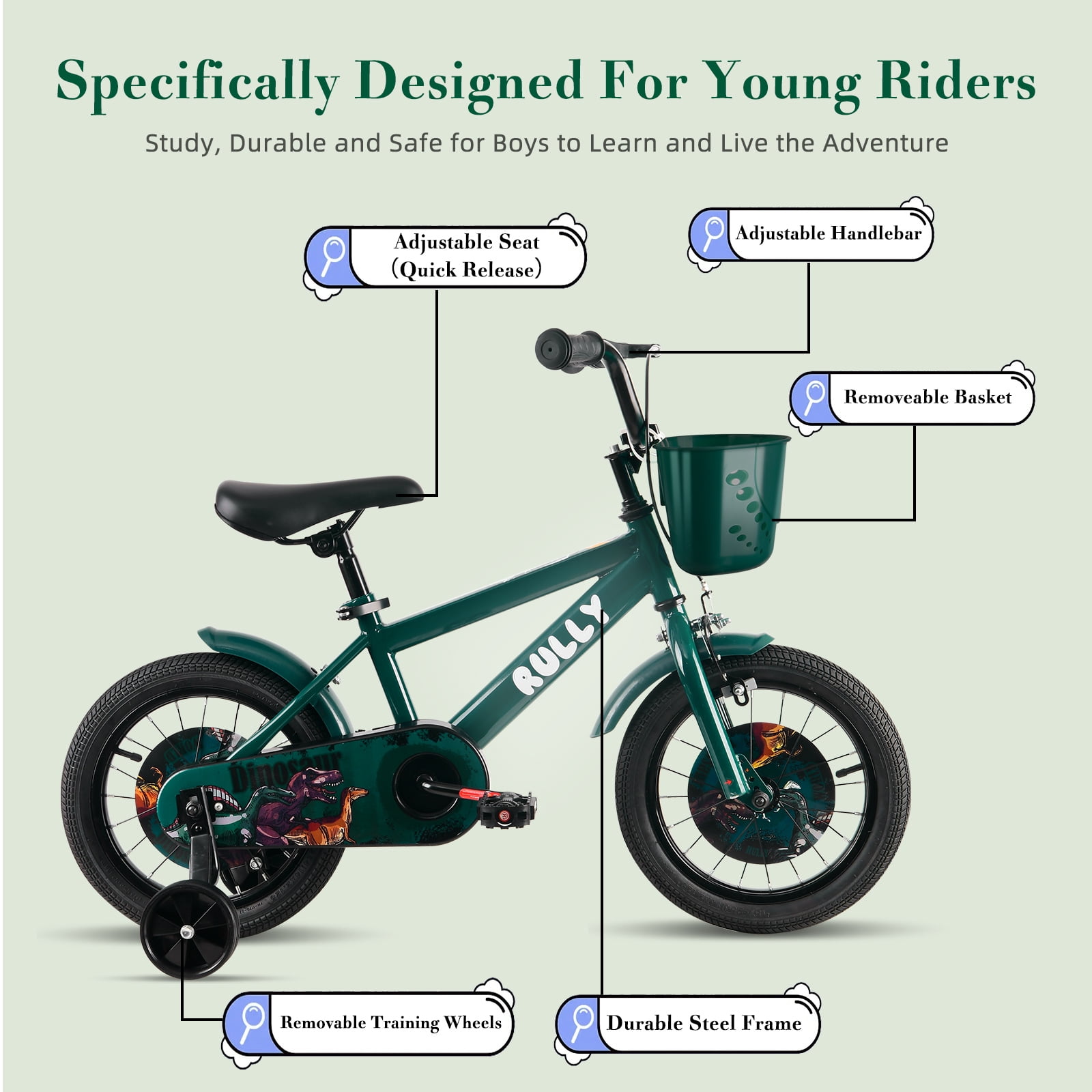 RULLY Dinosaur Kids Bike for Boys, Training Wheels, Basket, Coaster Brake (Green, 16 in) s1aor