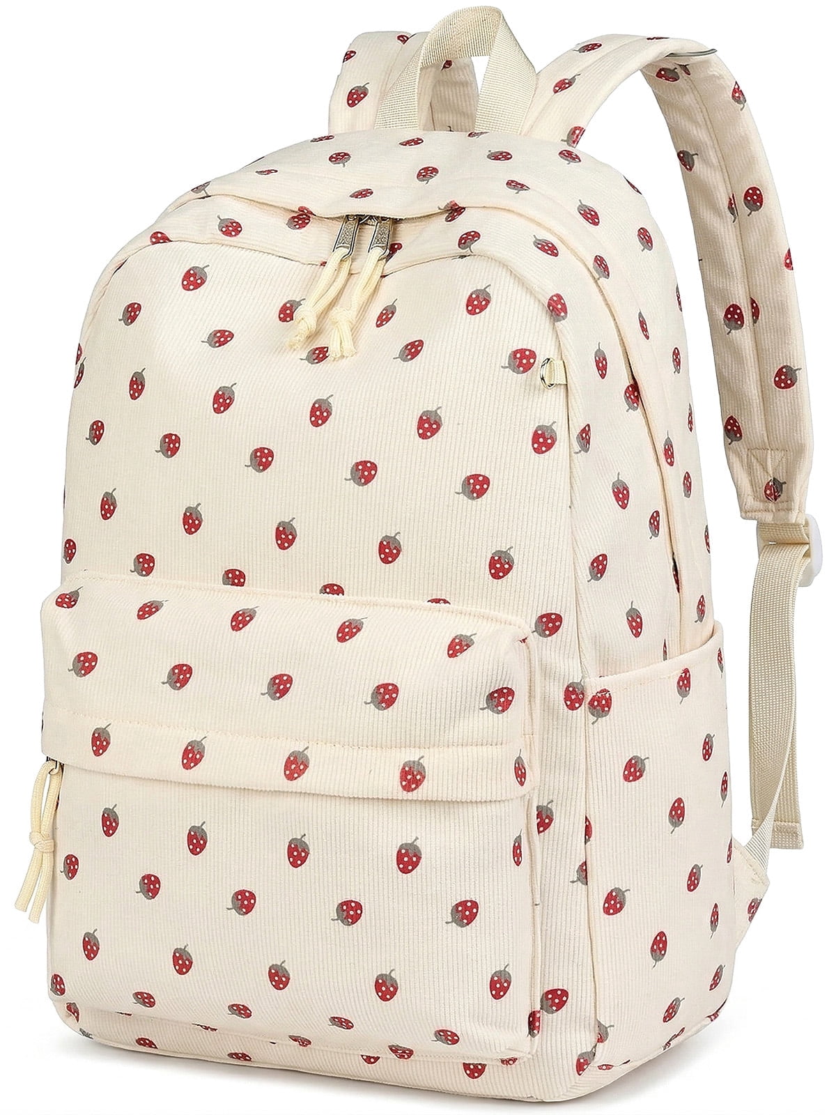 DAKIMOE School Backpack for Girls, Lightweight Large Capacity Bookbag for Teens (Beige Strawberry, 13 in x 6 in x 17 in) 31kgd