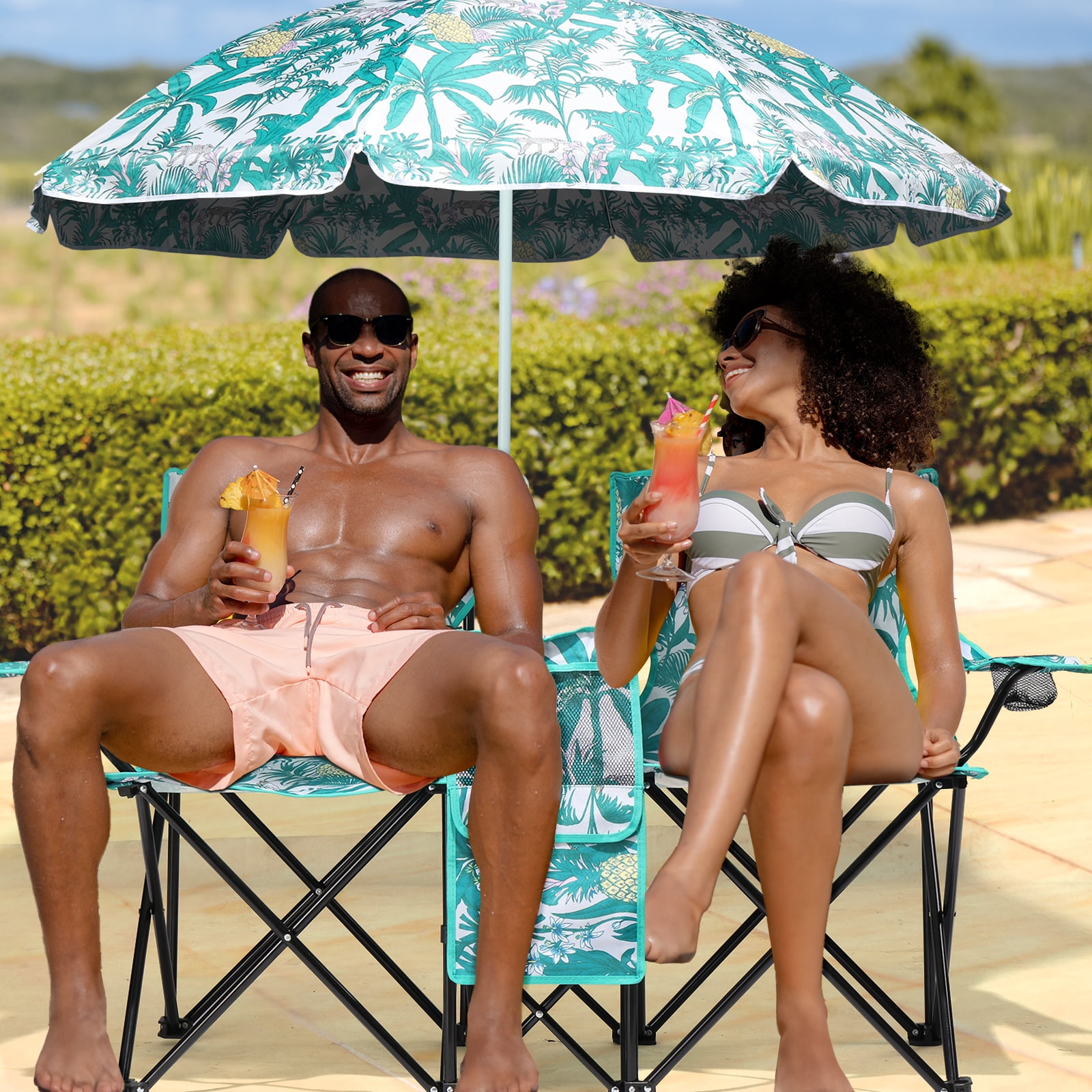 Zimtown Two-Seat Folding Beach Chair with Umbrella and Cooler (Green, 15.2 in Seat Height) s3a49