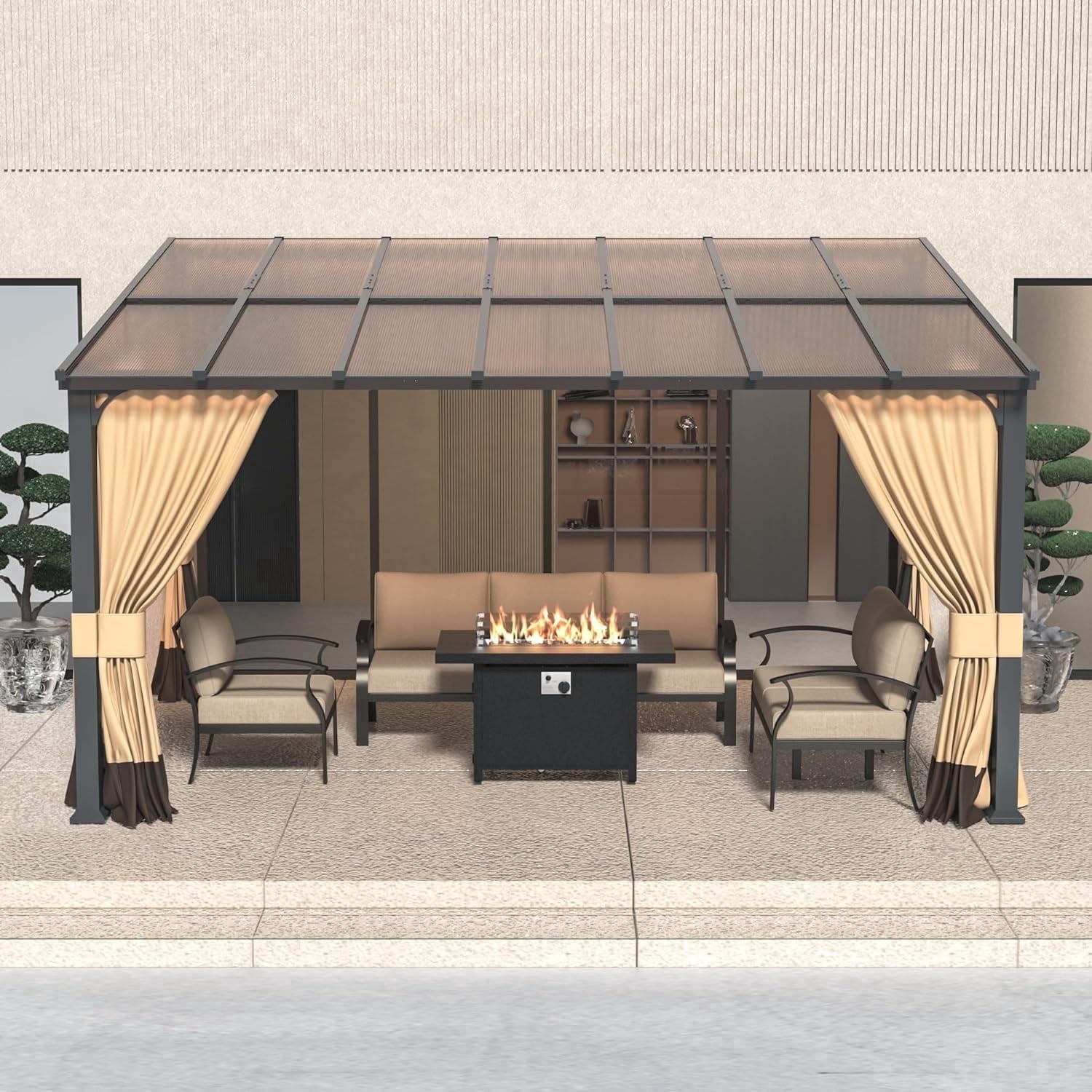 ALAULM Wall Mount Hardtop Gazebo with Curtains and Netting, Outdoor Patio Pergola (Sand, 10 ft x 14 ft) d3rk4