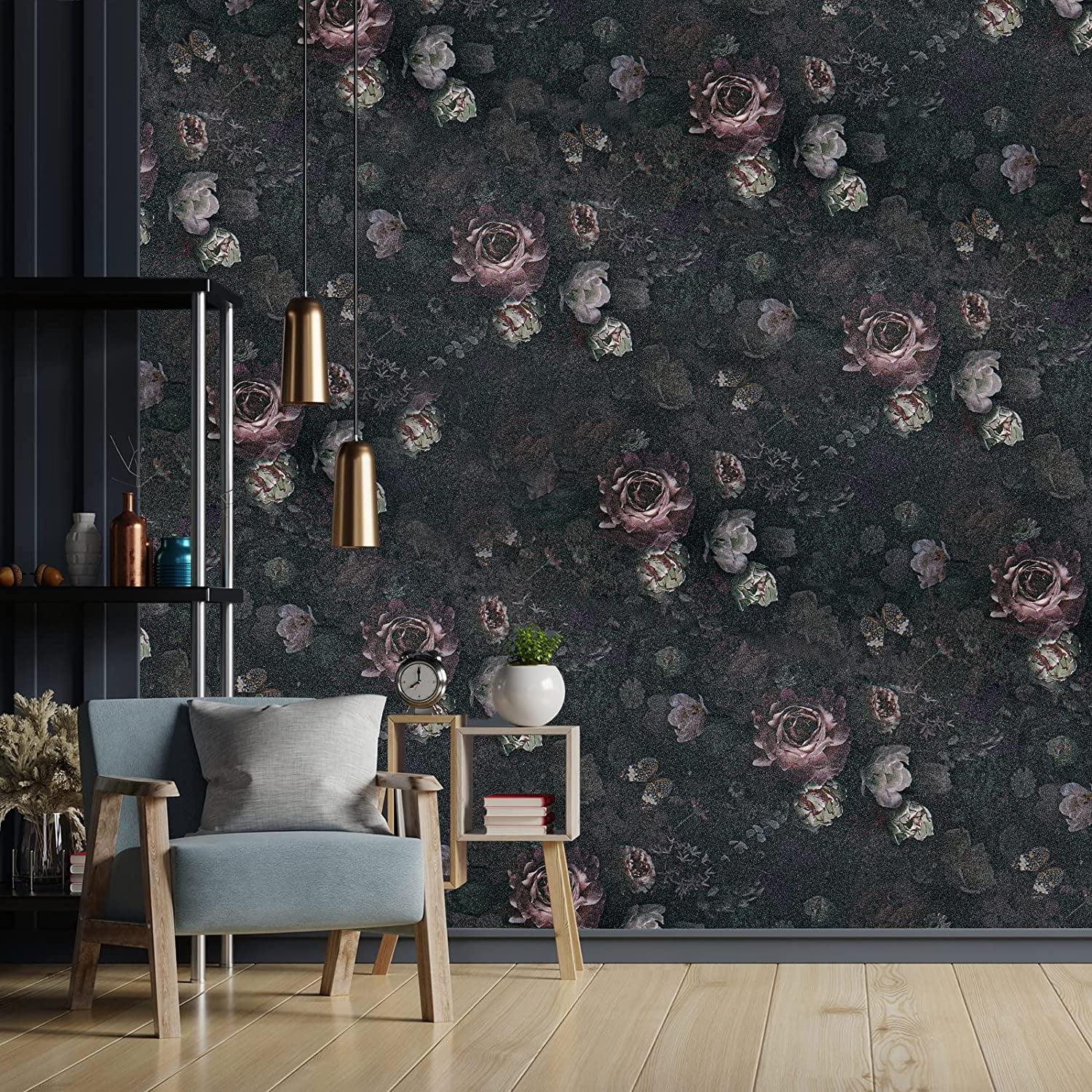 VEELIKE Vintage Dark Floral Peel and Stick Wallpaper, Boho Peony Removable Self-Adhesive Wall Decor (Black, 15.7 in x 118 in) l4nnh