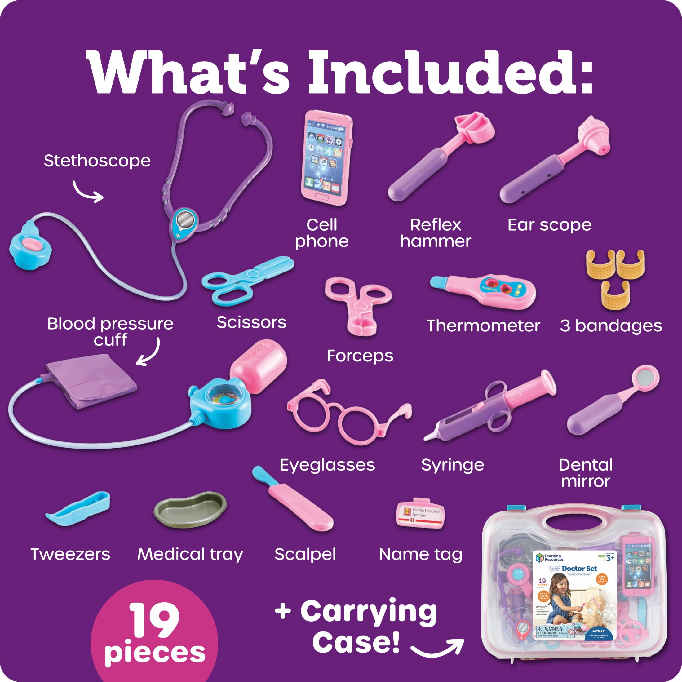 Learning Resources Pretend & Play Doctor Set, Educational Medical Role-Play Kit for Kids (Pink, 19-Piece Set) ne6w3