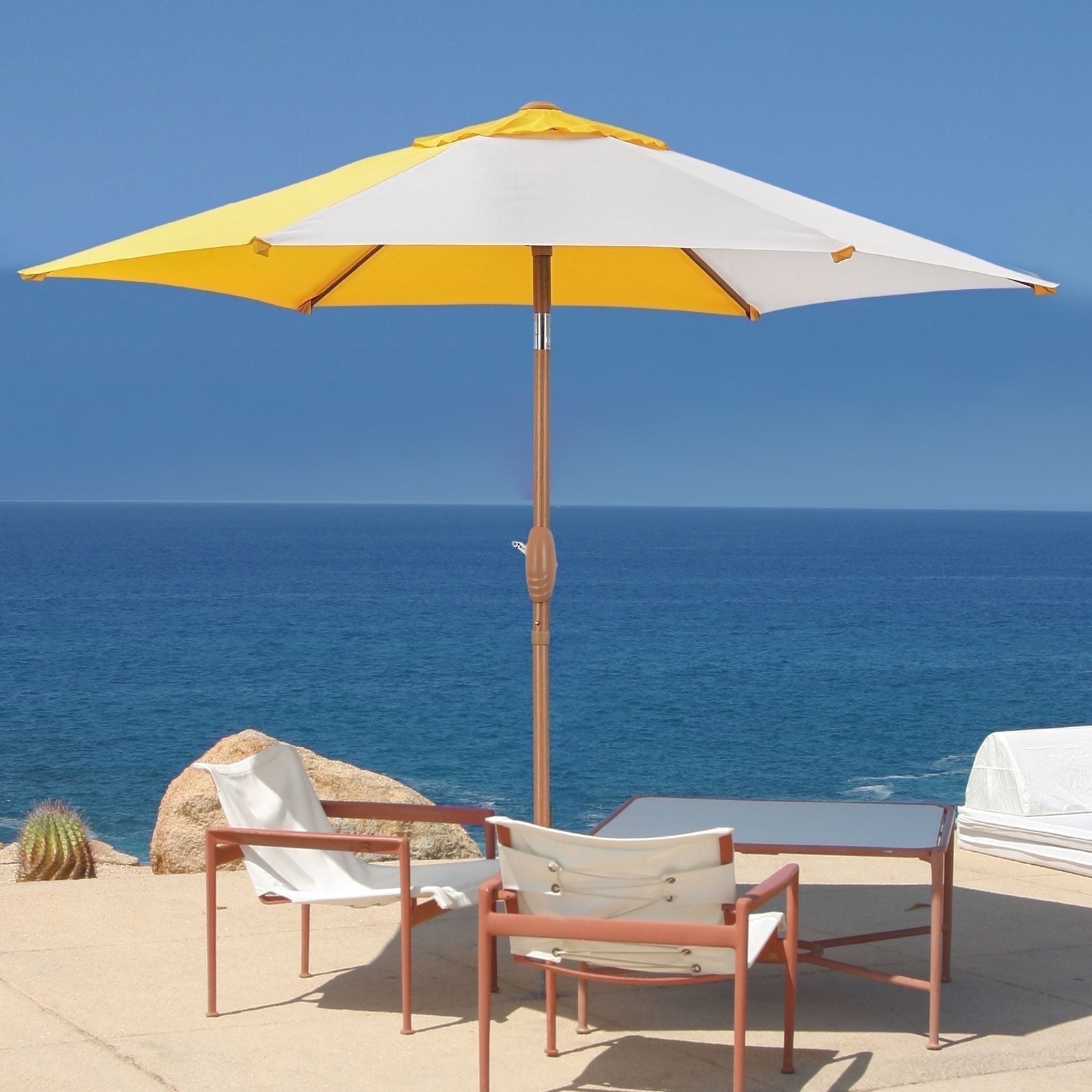 Ainfox 7.5 ft Round Market Patio Umbrella, UV-Resistant Outdoor Shade (Yellow/White Stripe, 7.5 ft) f32g9