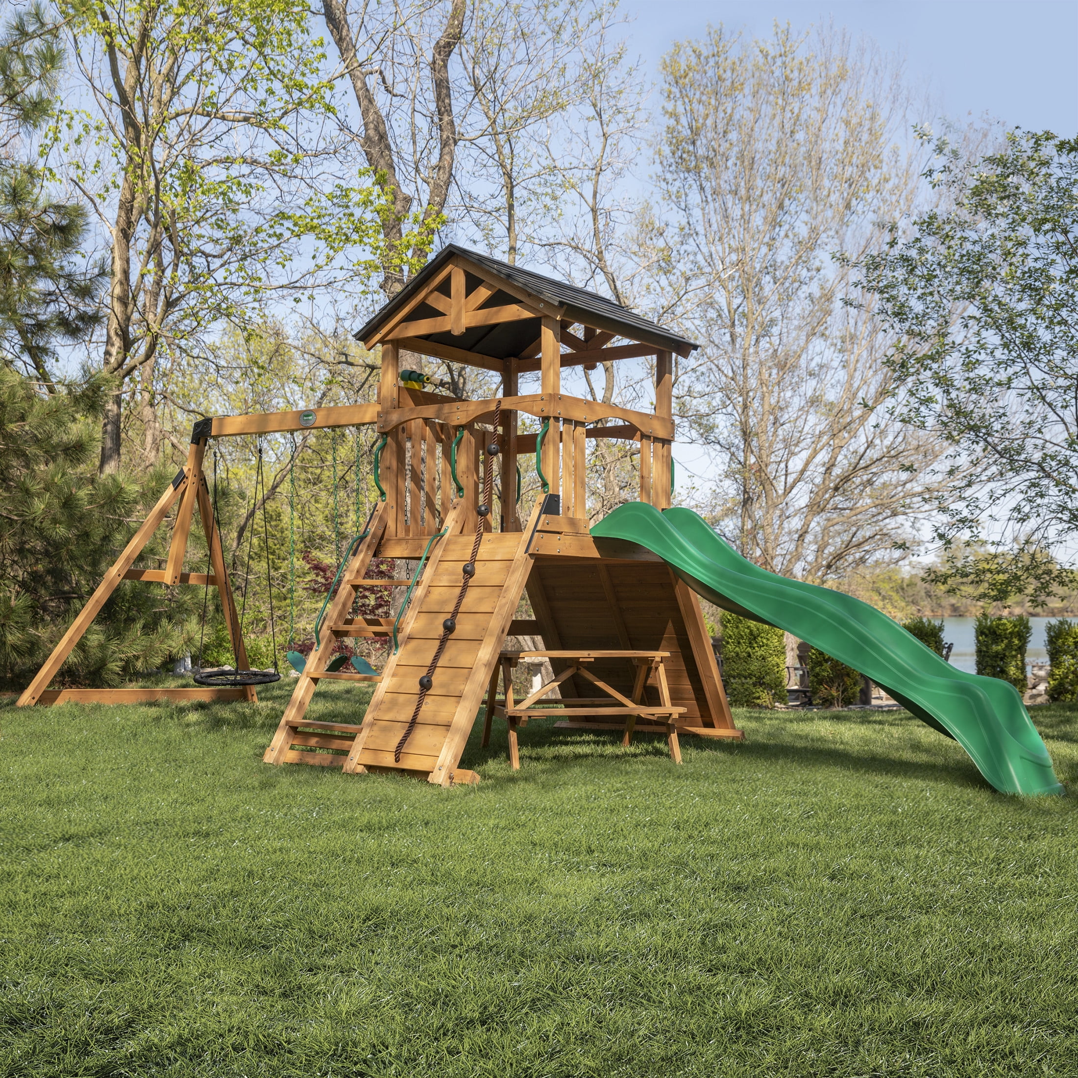 Backyard Discovery Endeavor II Cedar Wood Swing Set with Slide, Play Deck, and Double Rock Wall (Light Brown) cb9zs
