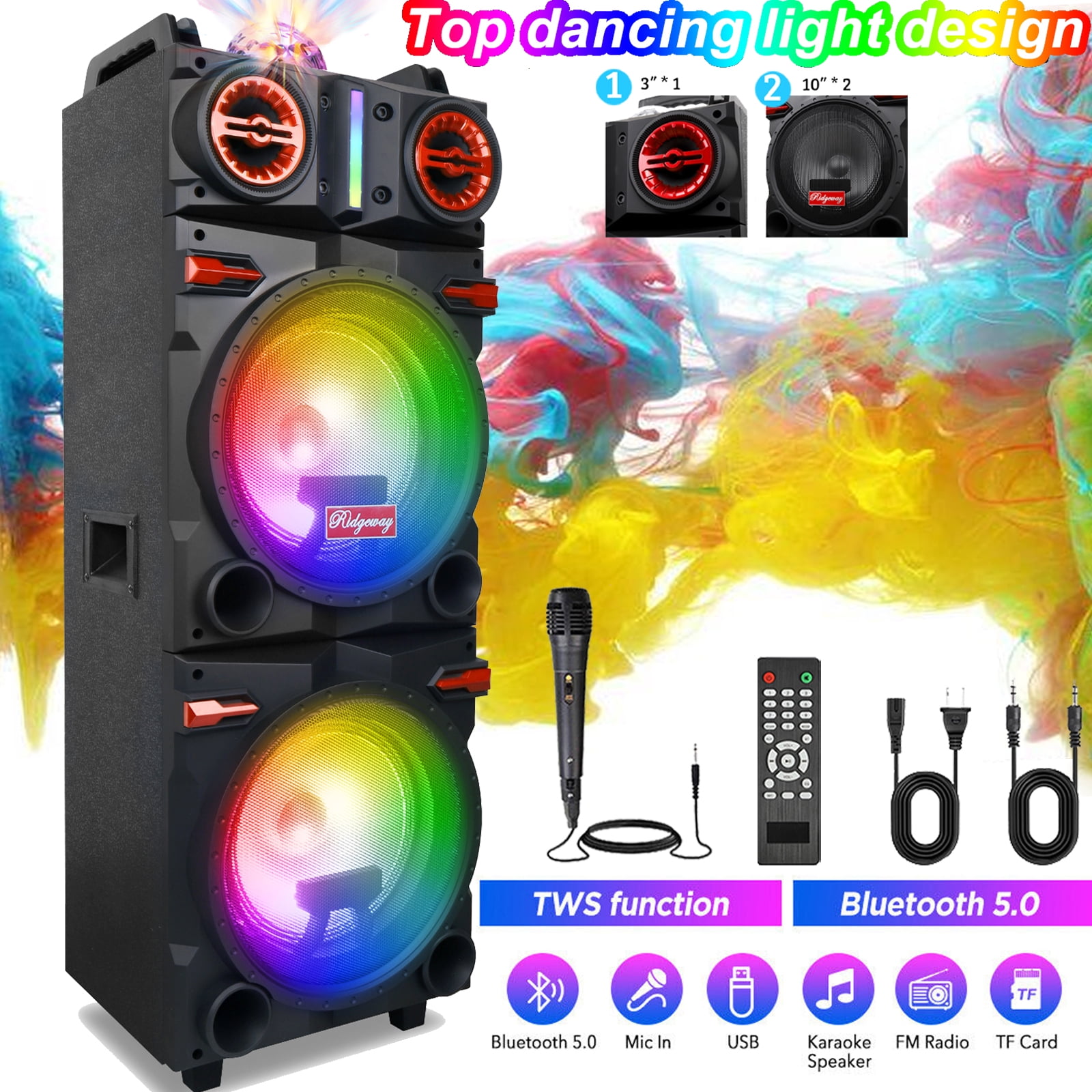CURUK Dual 10 in Bluetooth Party PA Speaker System with LED Lights, Karaoke Mic, and Remote (Black) dcvev