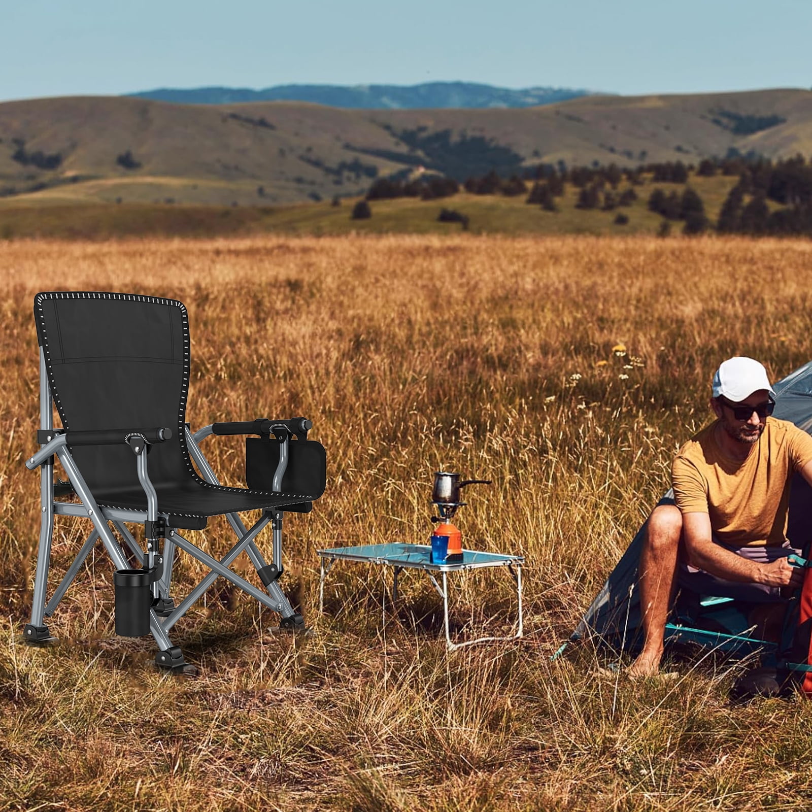 LNOW Folding Camping Chair with Cup Holder and Side Pocket, Heavy-Duty Portable Outdoor Seat for Beach, Sports, and Fishing (Black, 350 lb Capacity) hrus6
