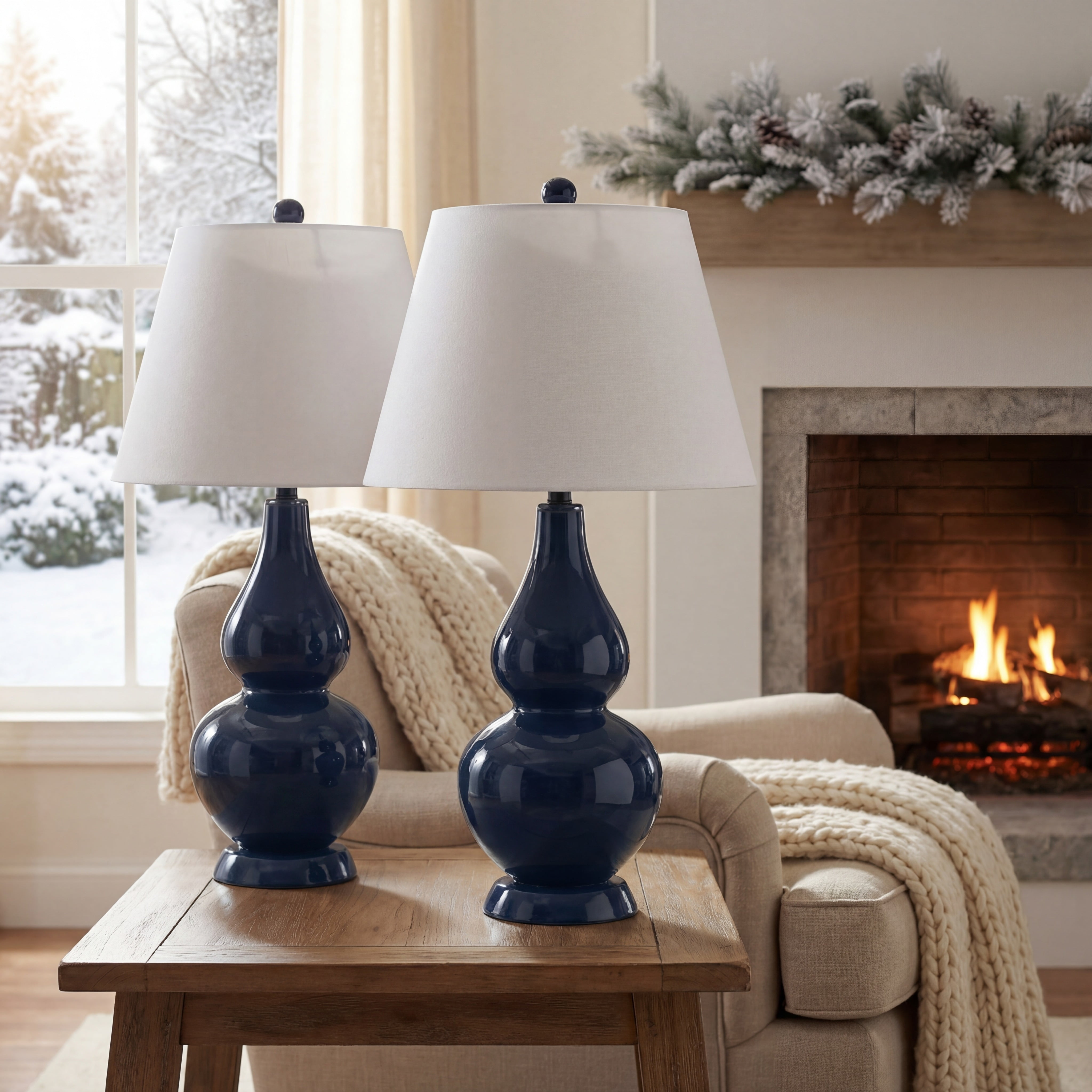 Safavieh Cybil Glass Table Lamp Set with Cotton Shade (Navy, 26 in. Height, Set of 2) atvti
