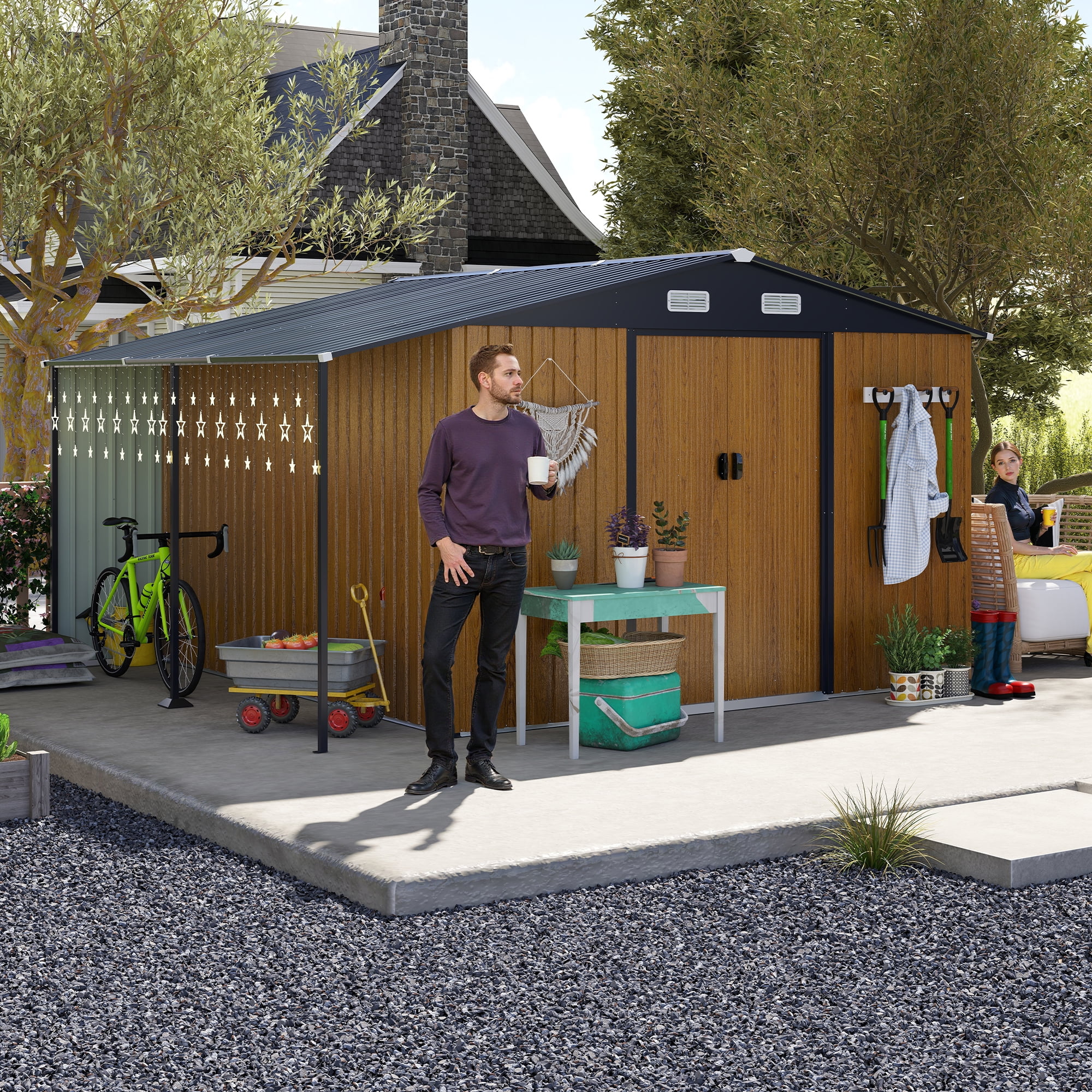 FFZ Outdoor Storage Shed with Firewood Bay and Lockable Doors (Yellow, 10 ft x 12 ft) s7b61