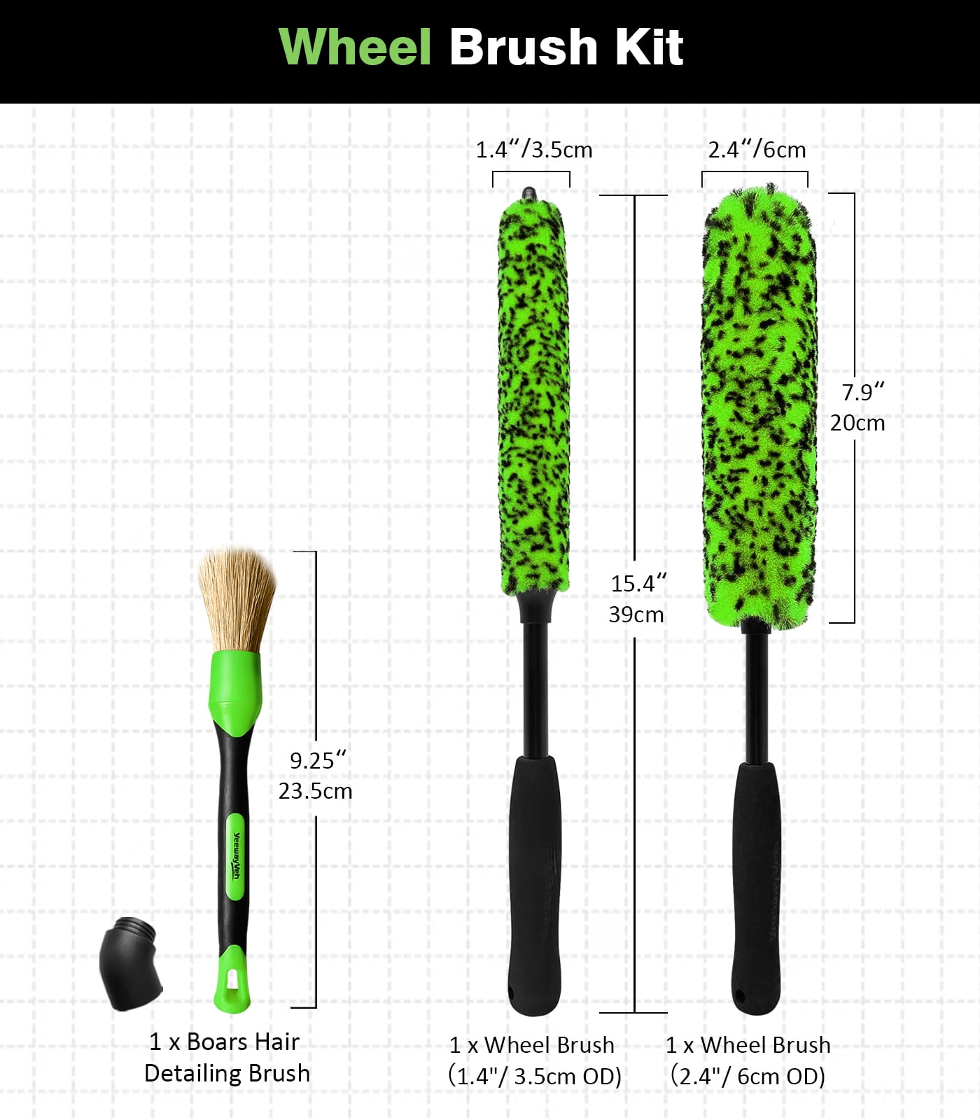 YeewayVeh 3-Piece Car Wheel Cleaning Brush Kit, Scratch-Free Rim Detailer Set (Green, 3-Piece Set) ke32n