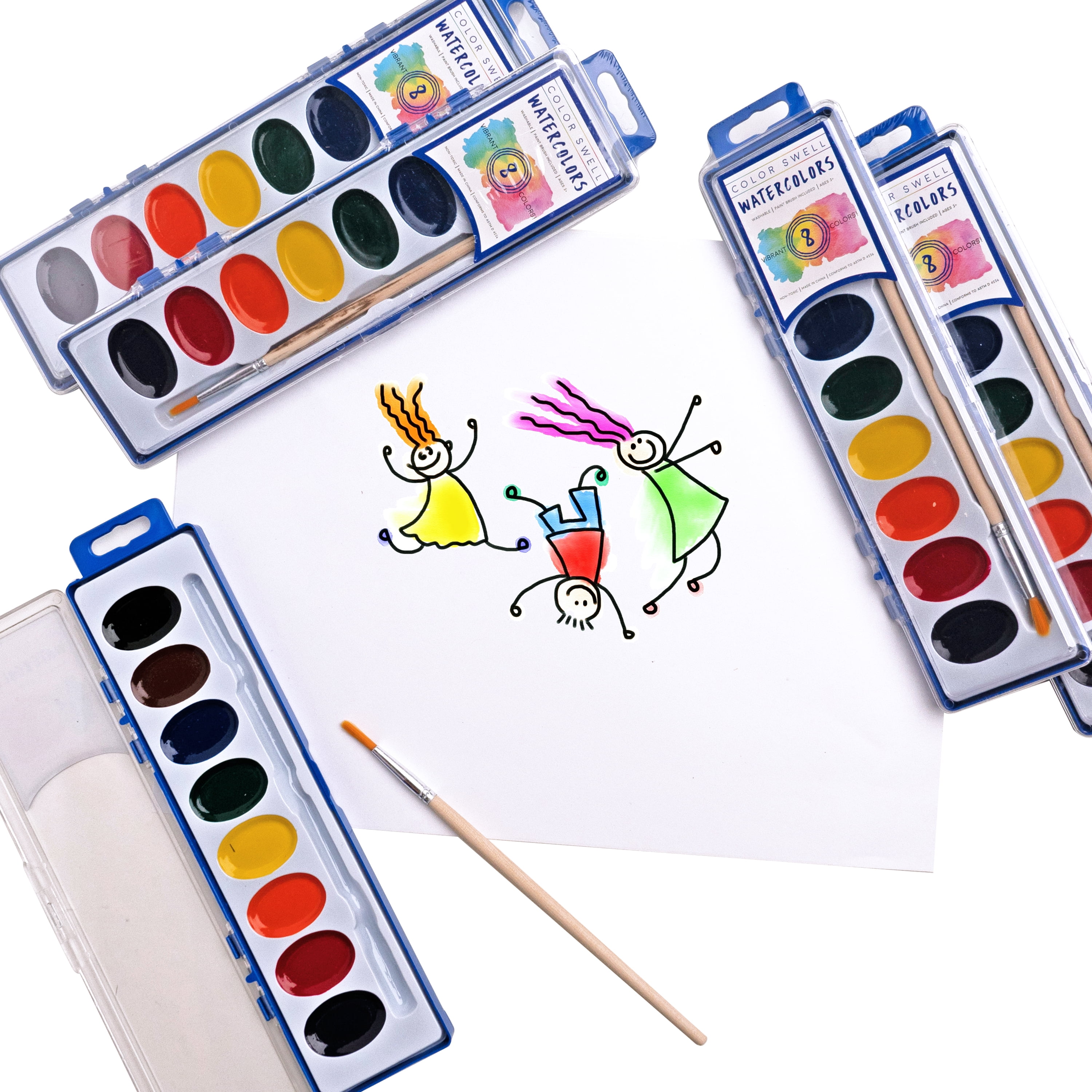Color Swell Washable Watercolor Paint Set with Wood Brushes (Assorted, 20-Pack) 4nnem