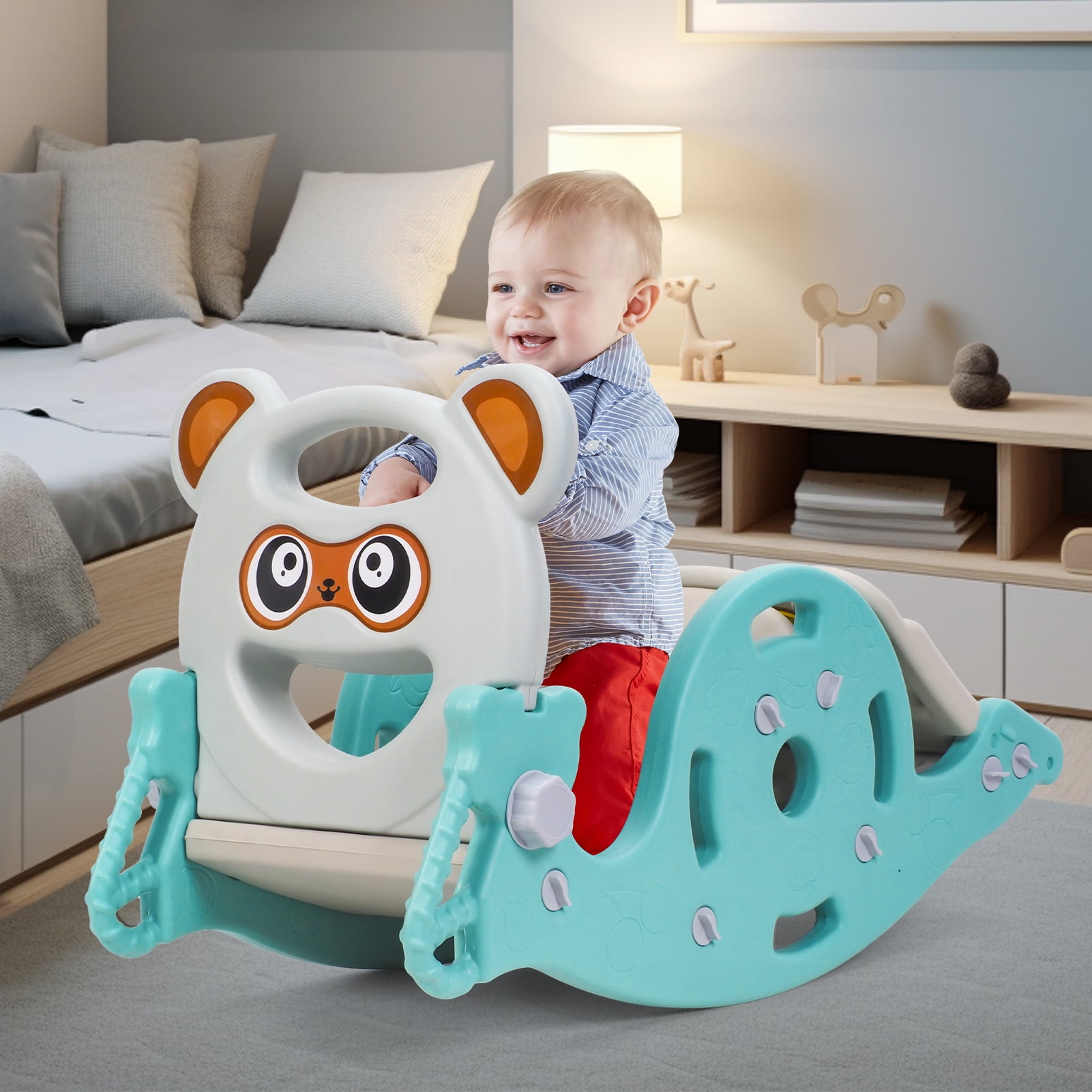 Anvazise 4-in-1 Kids Activity Center, Convertible Rocking Horse and Slide with Basketball Hoop (Green) oetqu