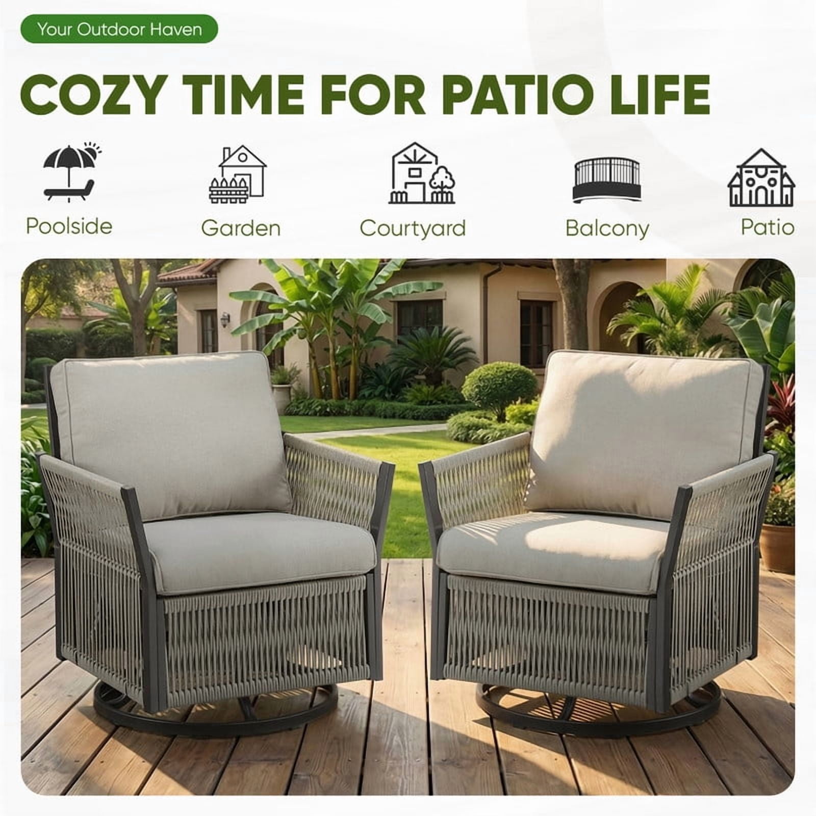 Opohoro Outdoor Swivel Rocking Chair Set, Wicker Patio Furniture with Cushions (Beige, 2-Piece Set) zq6ad